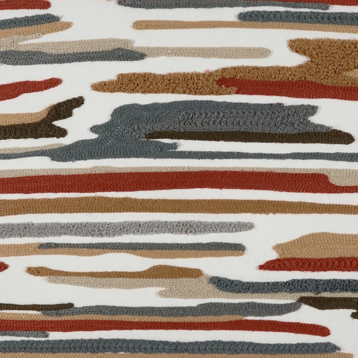 Abstract striped fabric with irregular brushstroke bands in red, tan, gray, and brown.