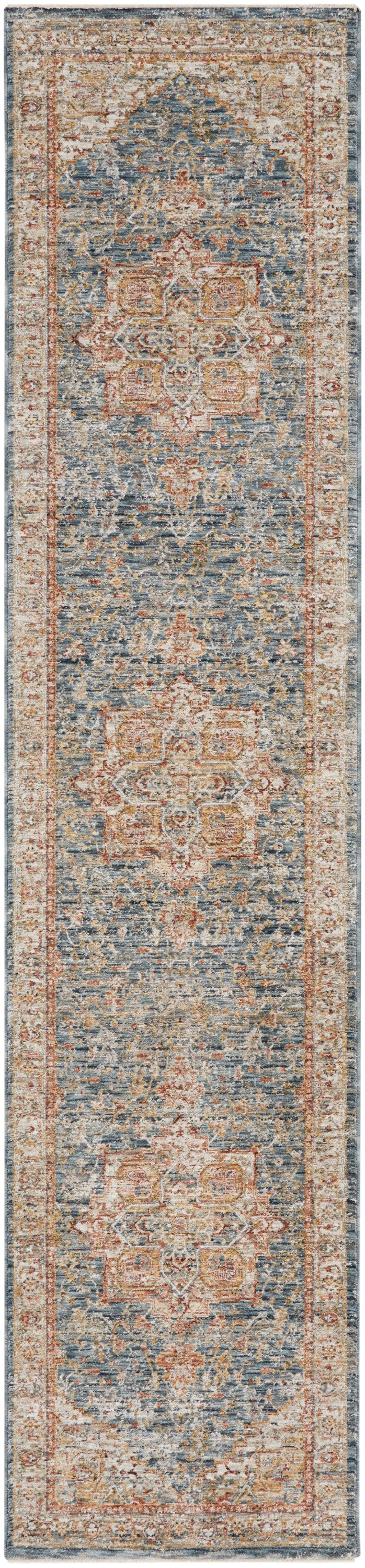 Distressed Persian-inspired blue runner rug with ivory and rust borders, featuring medallions and floral motifs.