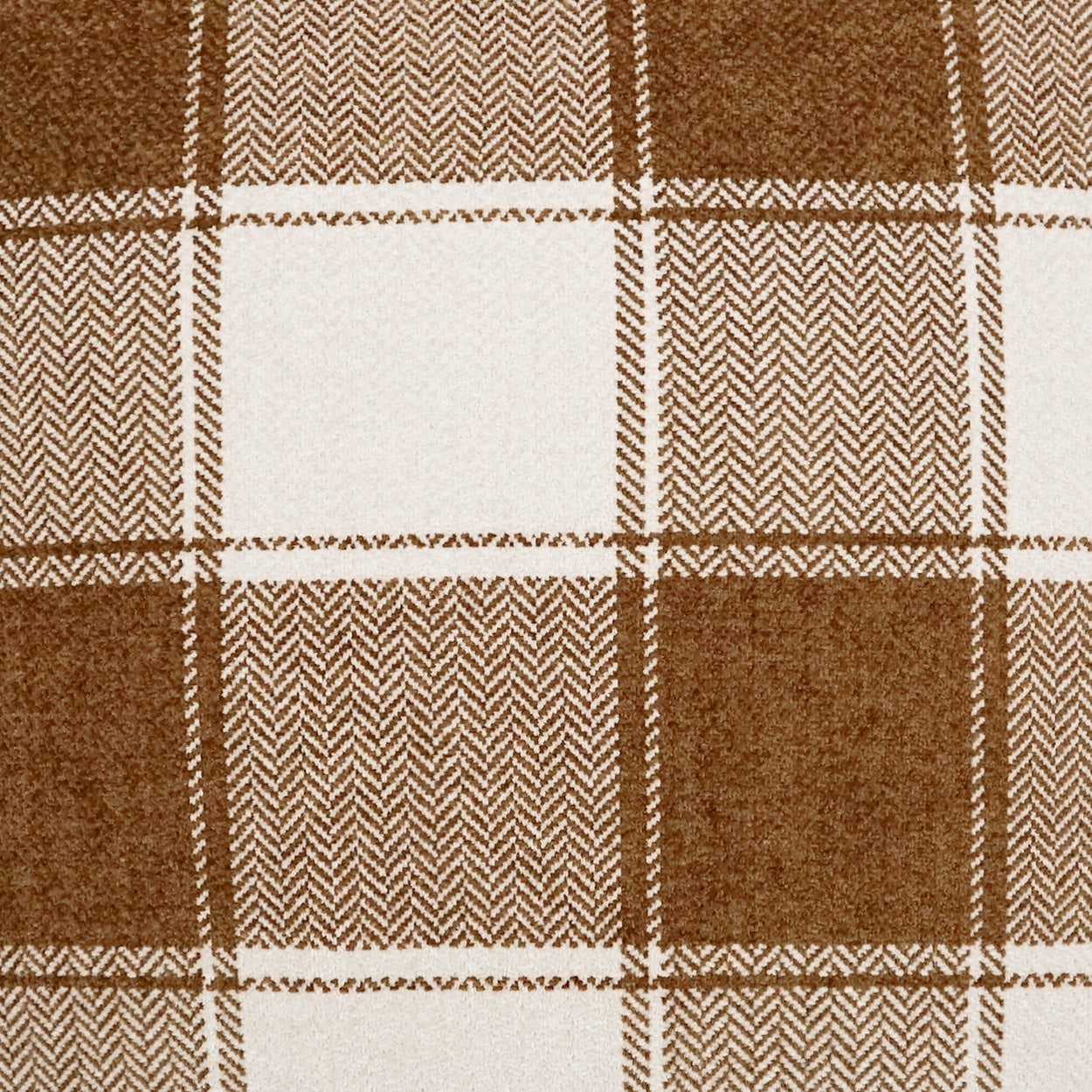 Brown and cream plaid woven fabric with herringbone pattern; cozy wool blend, ideal for throws or upholstery.