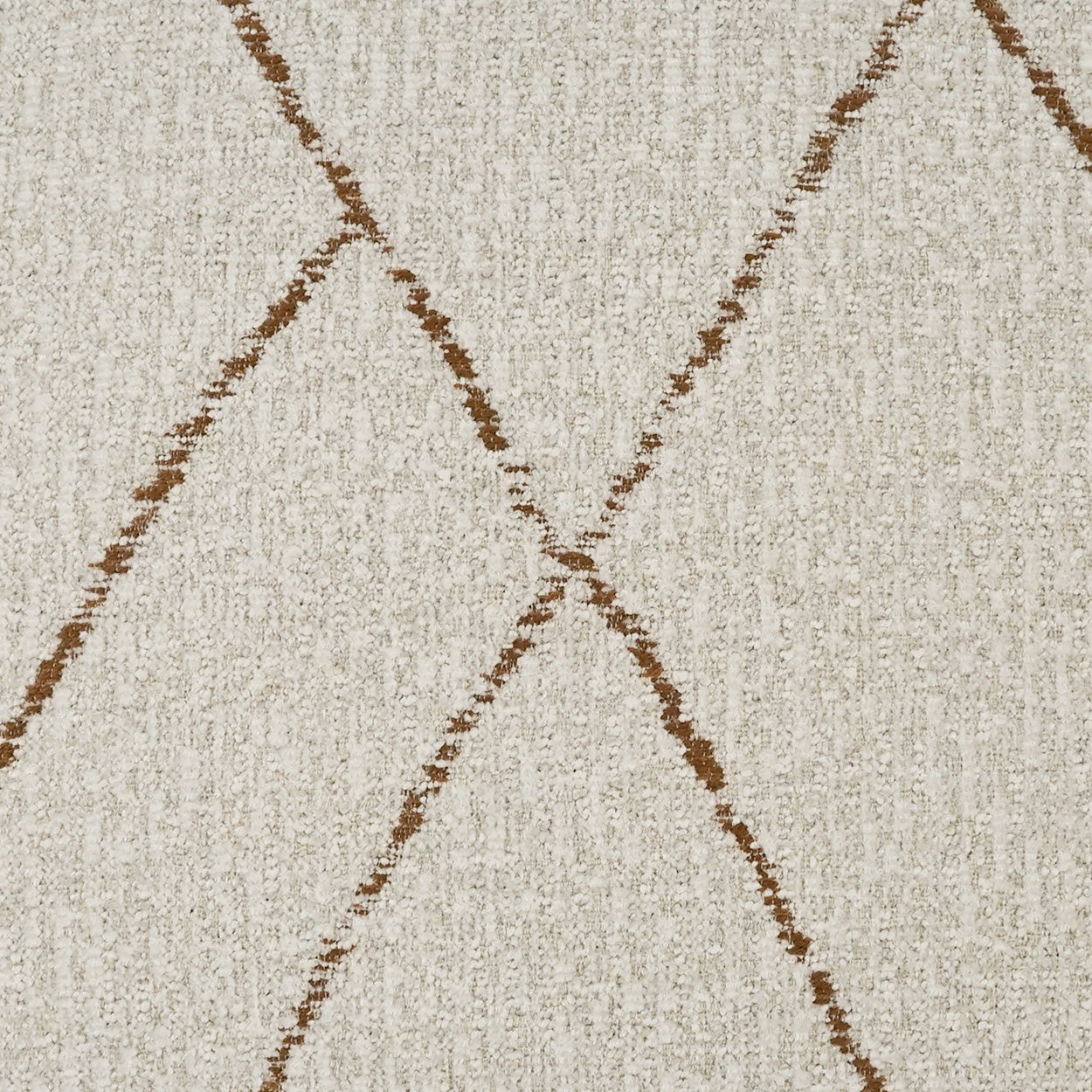 Beige textured rug with brown diagonal lines forming diamond pattern; cozy geometric area rug.