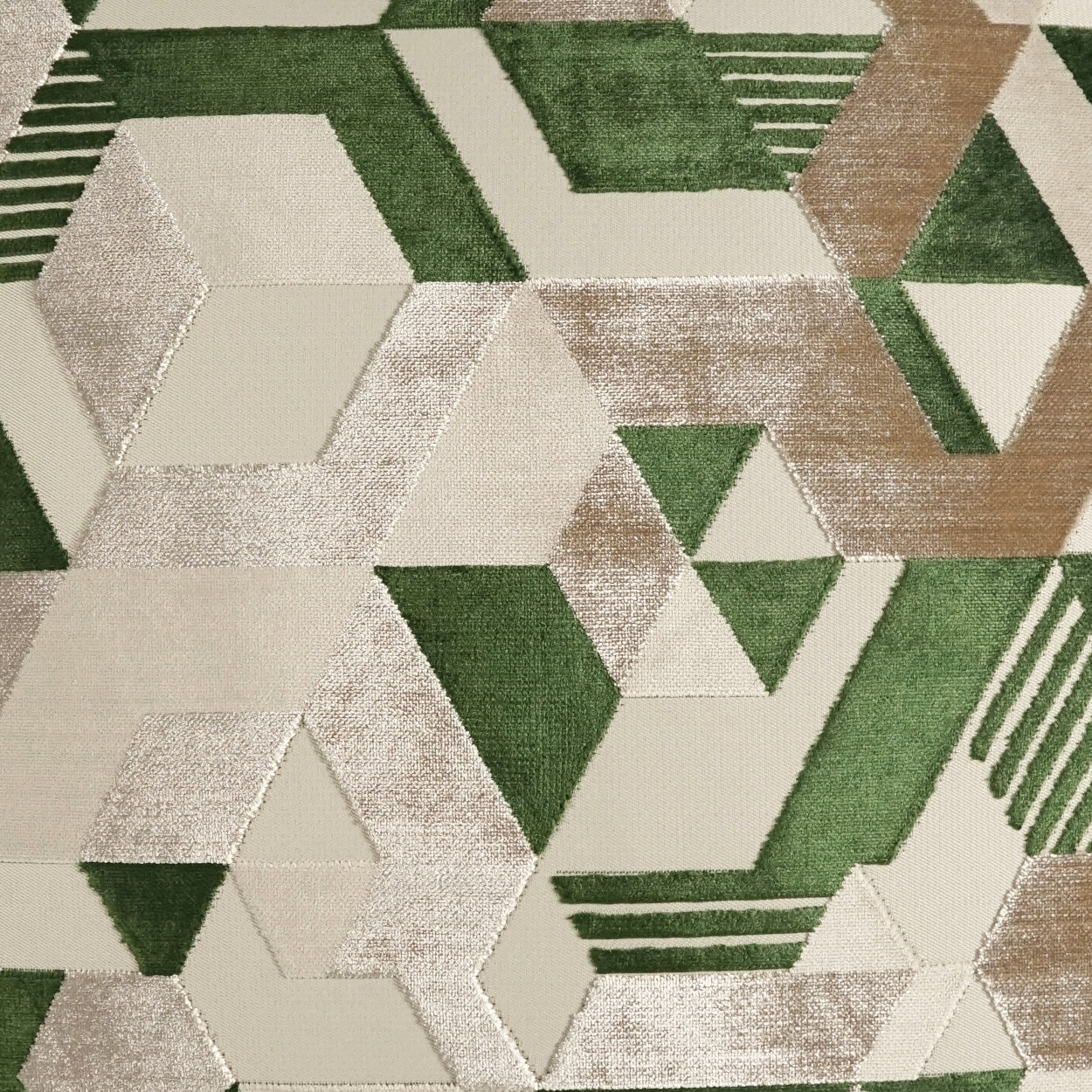 Geometric area rug featuring green, beige & brown blocks in hexagonal & triangular shapes.
