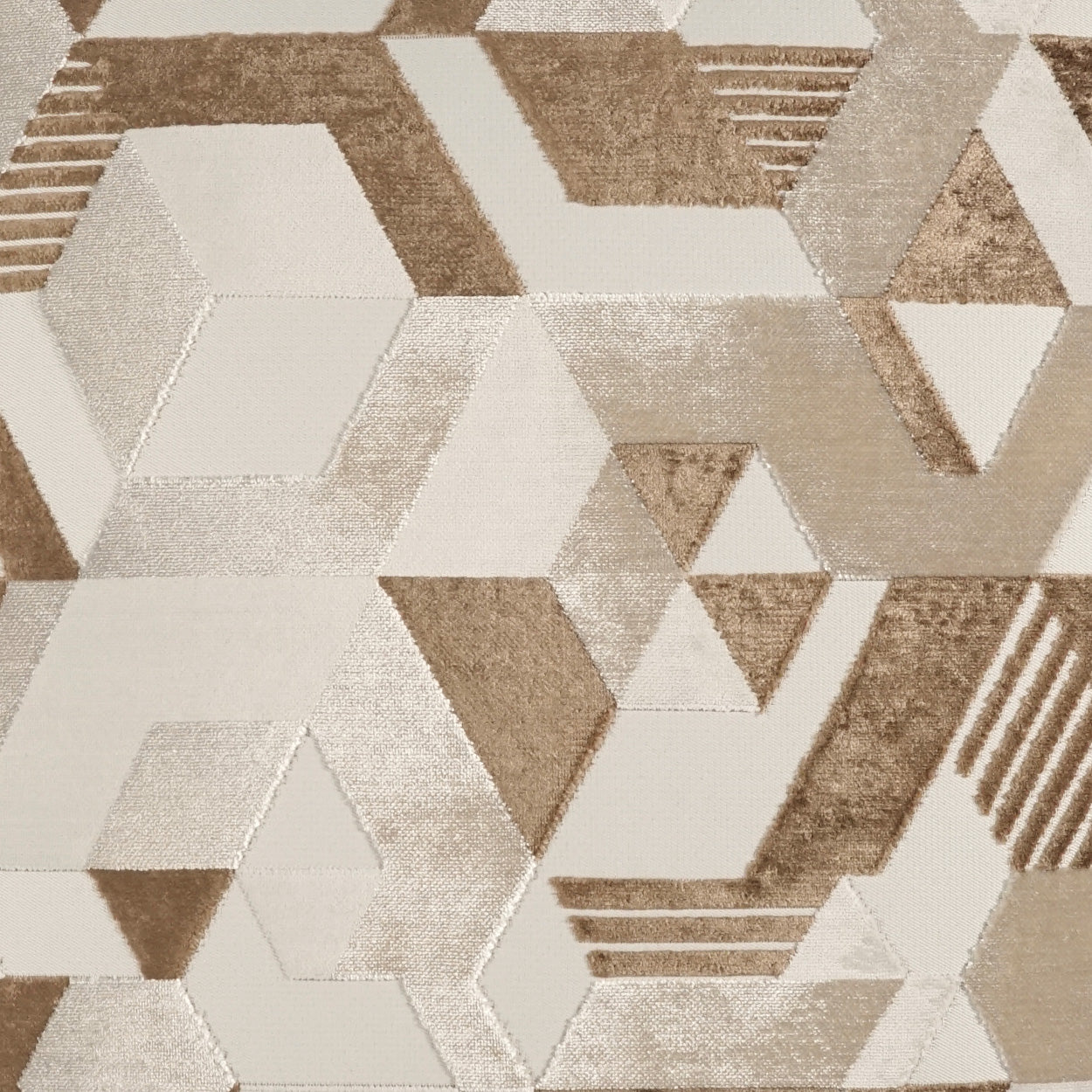 Neutral beige-tan geometric fabric with hexagons and stripes; woven rug-style material.