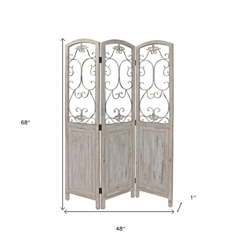 Three-panel folding room divider with distressed gray wood panels and wrought-iron scrollwork; 68in tall, 48in wide.