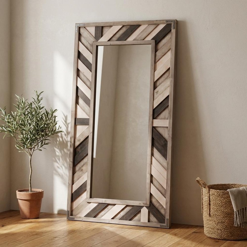 71" Ivory and Gray Wood Framed Leaning Accent Mirror
