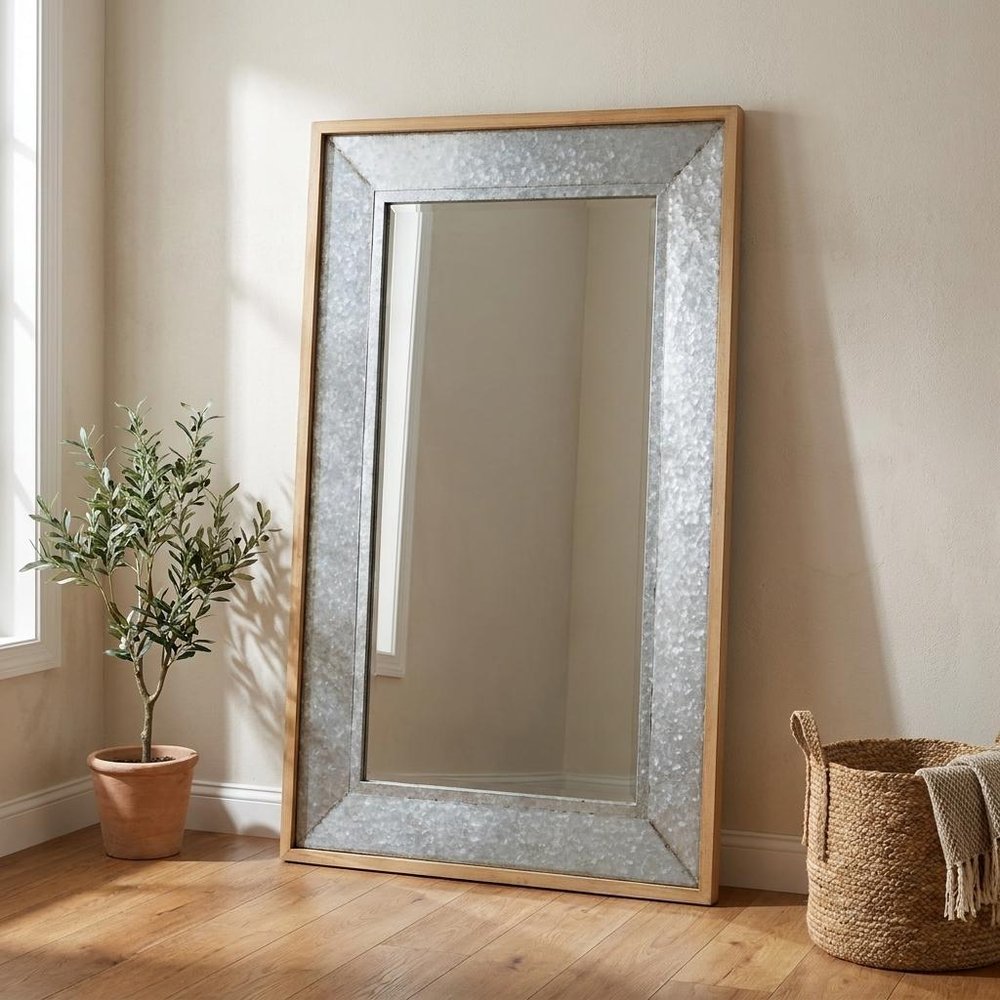 84" Gray And Brown Galvanized Metal and Wood Framed Leaning Accent Mirror