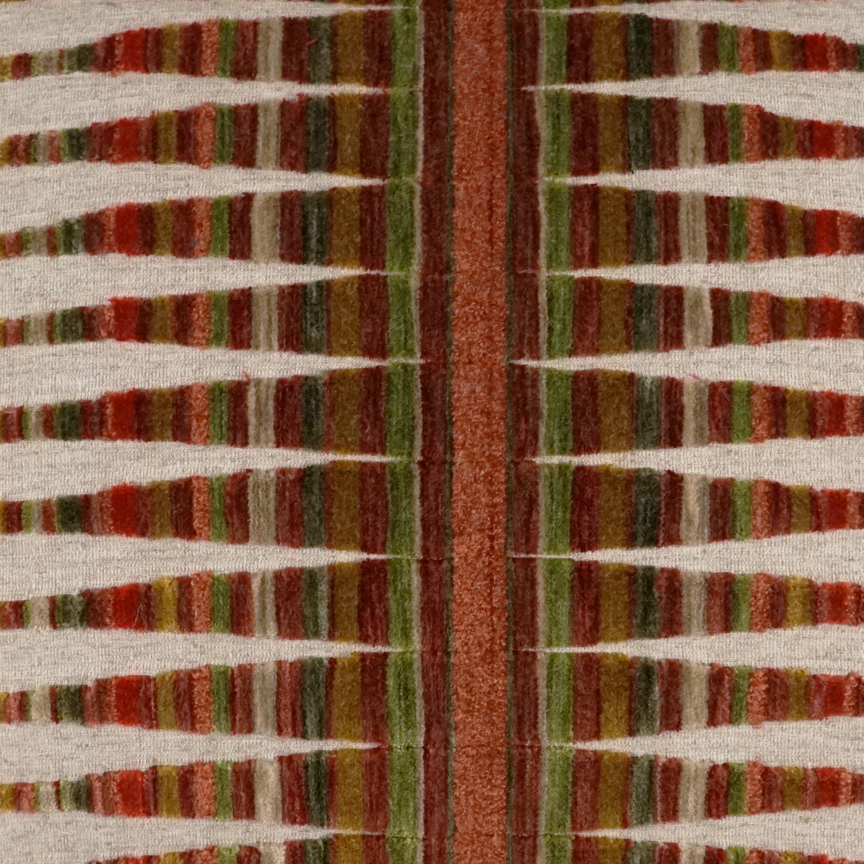 Geometric woven rug with cream background, red, green and brown stripes and a rust vertical central band.