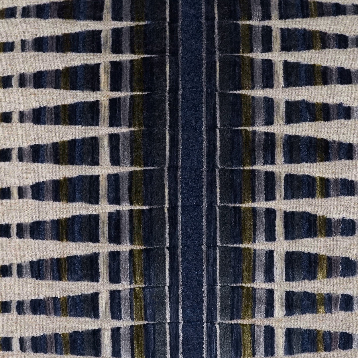 Indigo navy woven textile with cream and pale blue grid pattern; geometric lattice suitable for upholstery or decor.