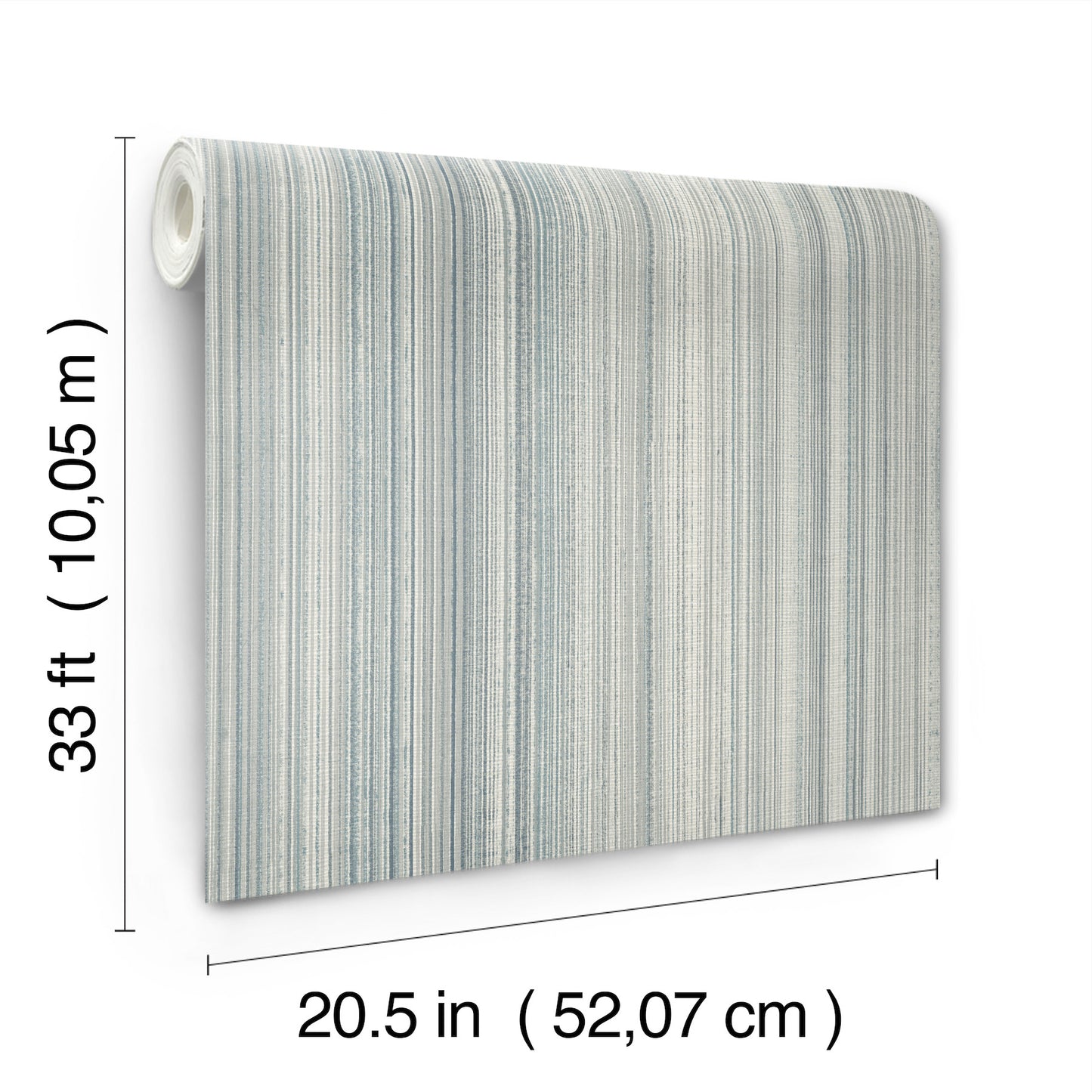 Rolled wallpaper with pale blue and white vertical stripes, fabric-textured look; 20.5 in wide by 33 ft long