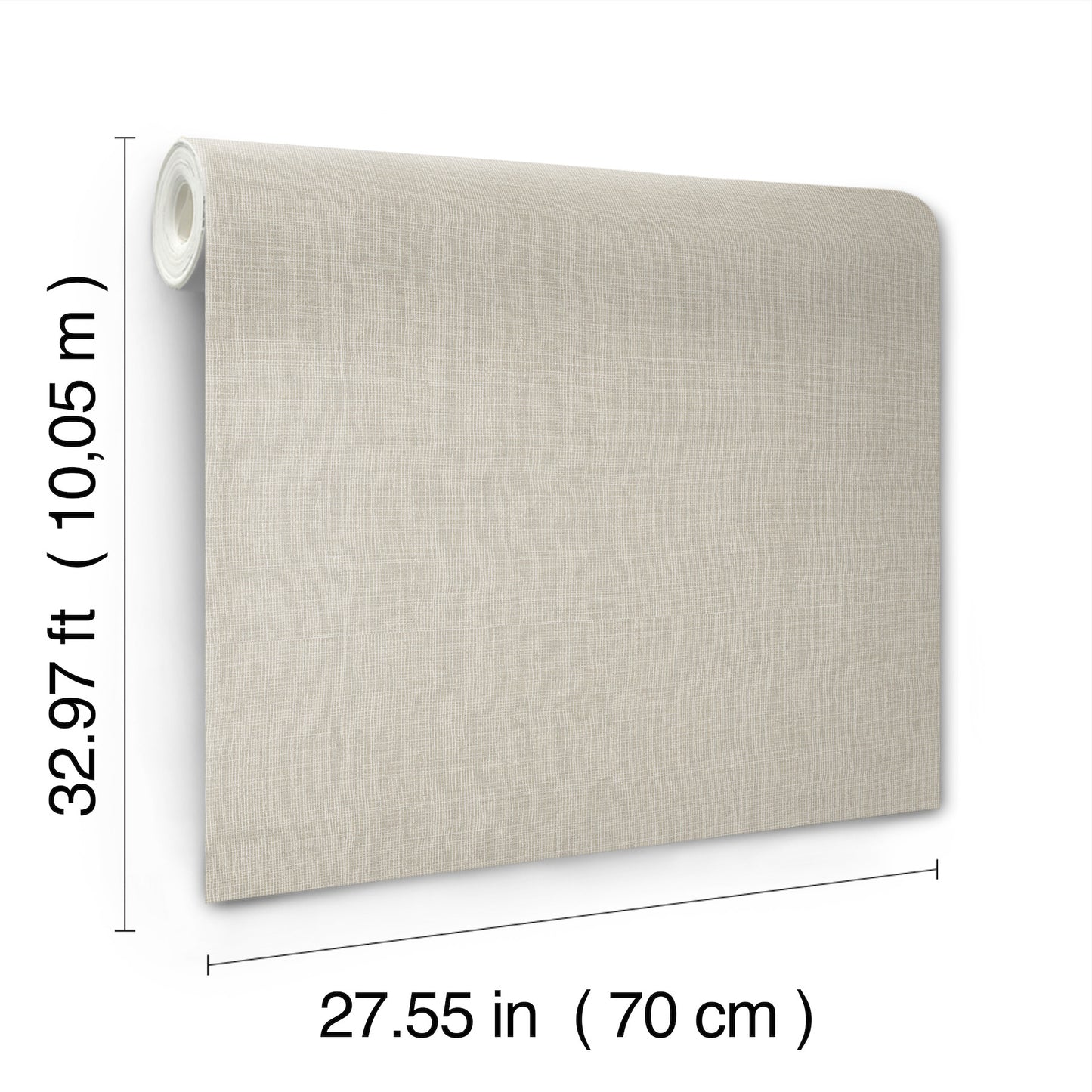 Beige linen-textured wallpaper roll, 70 cm wide by 10 m long.