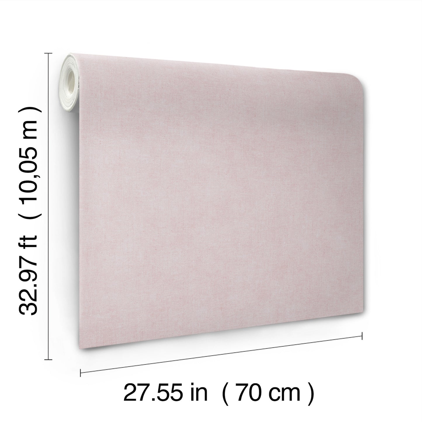 Lavender faux-linen wallpaper roll with a soft fabric-like texture, 70 cm wide and 10.05 m long.