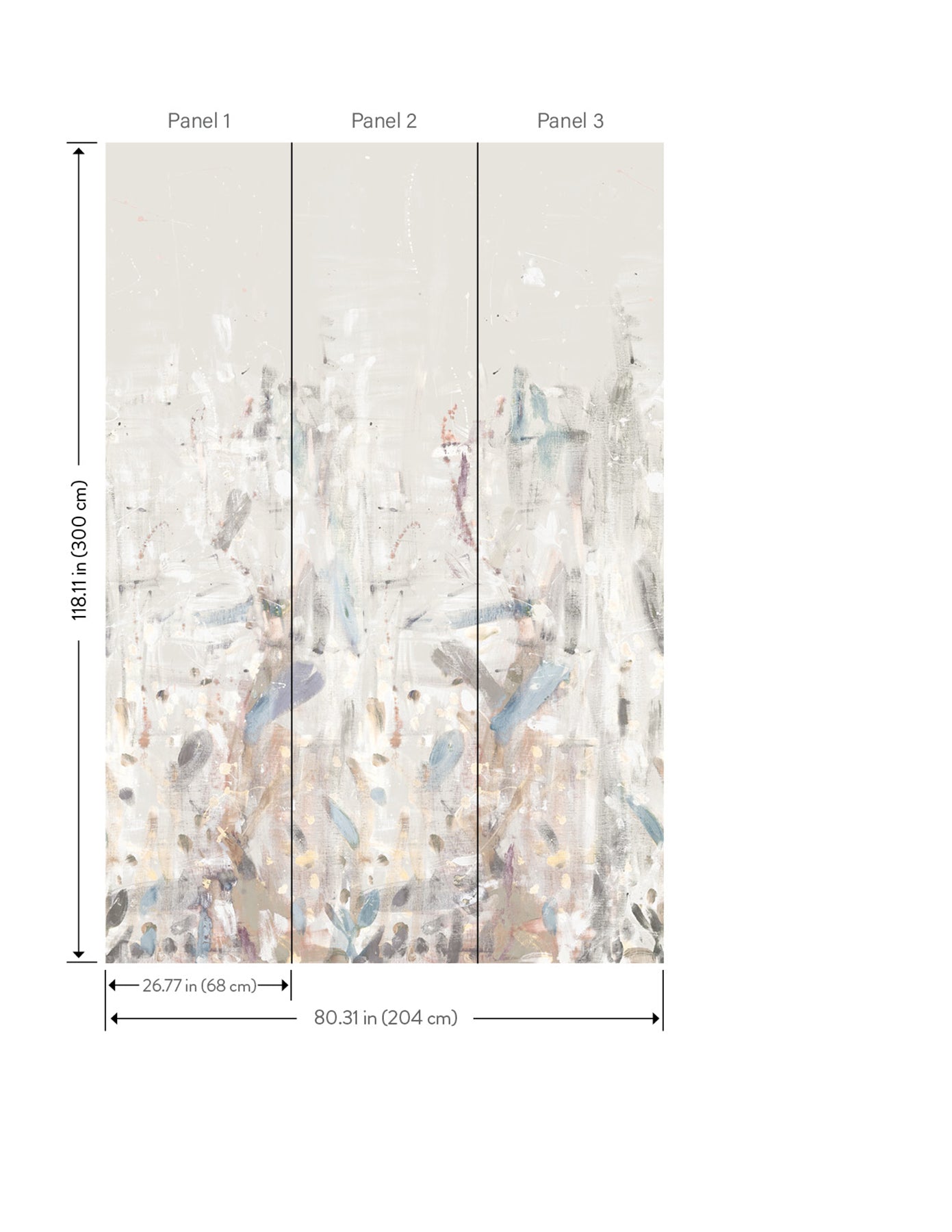 Abstract multicolor wall mural with splash-paint pattern in ivory, beige, blue & brown; overall width 80.3 in (204 cm).