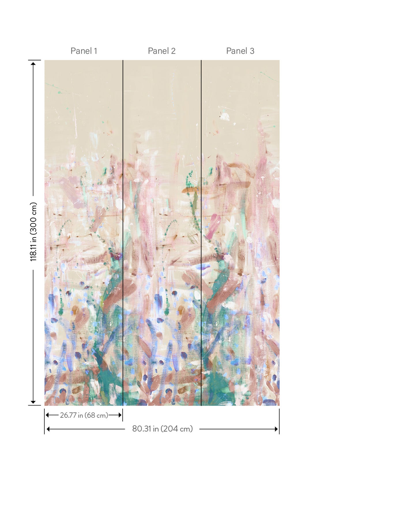 Three-panel triptych wall art: pastel abstract floral on beige, each 68 cm wide; total 204 cm wide, 180 cm tall.