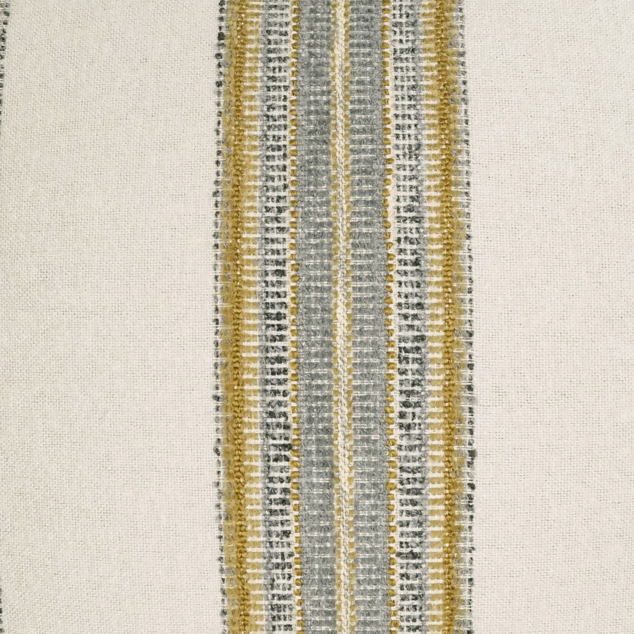 Beige woven fabric with narrow vertical gray and gold stripe pattern