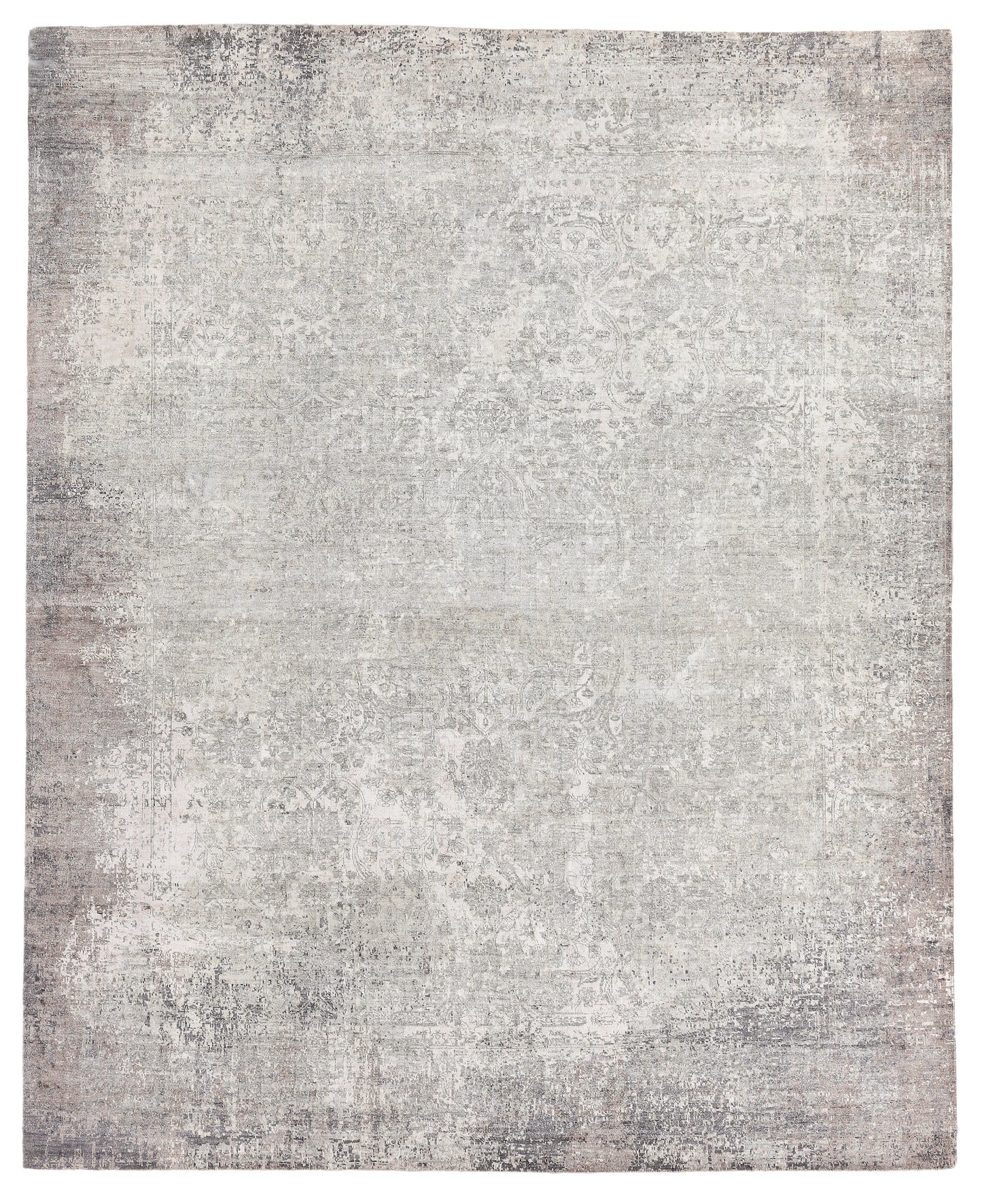 Light gray vintage-style area rug with ornate distressed patterns, adding elegance to any space. Ideal for living rooms or bedrooms.