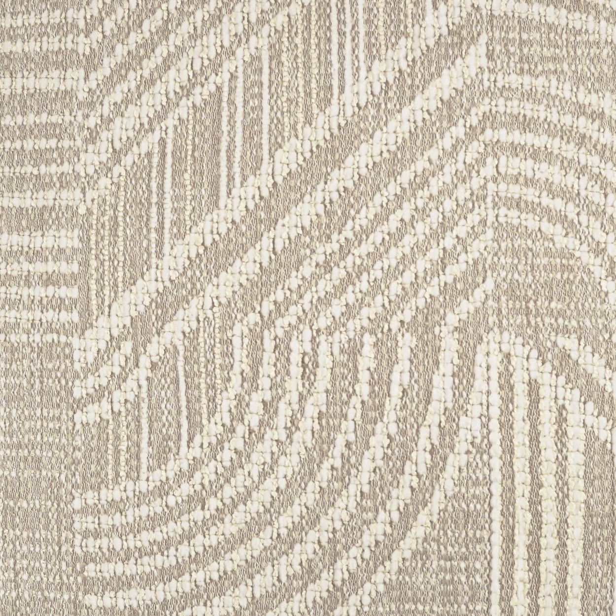Beige and cream woven fabric with an abstract geometric arc pattern and textured dot accents.
