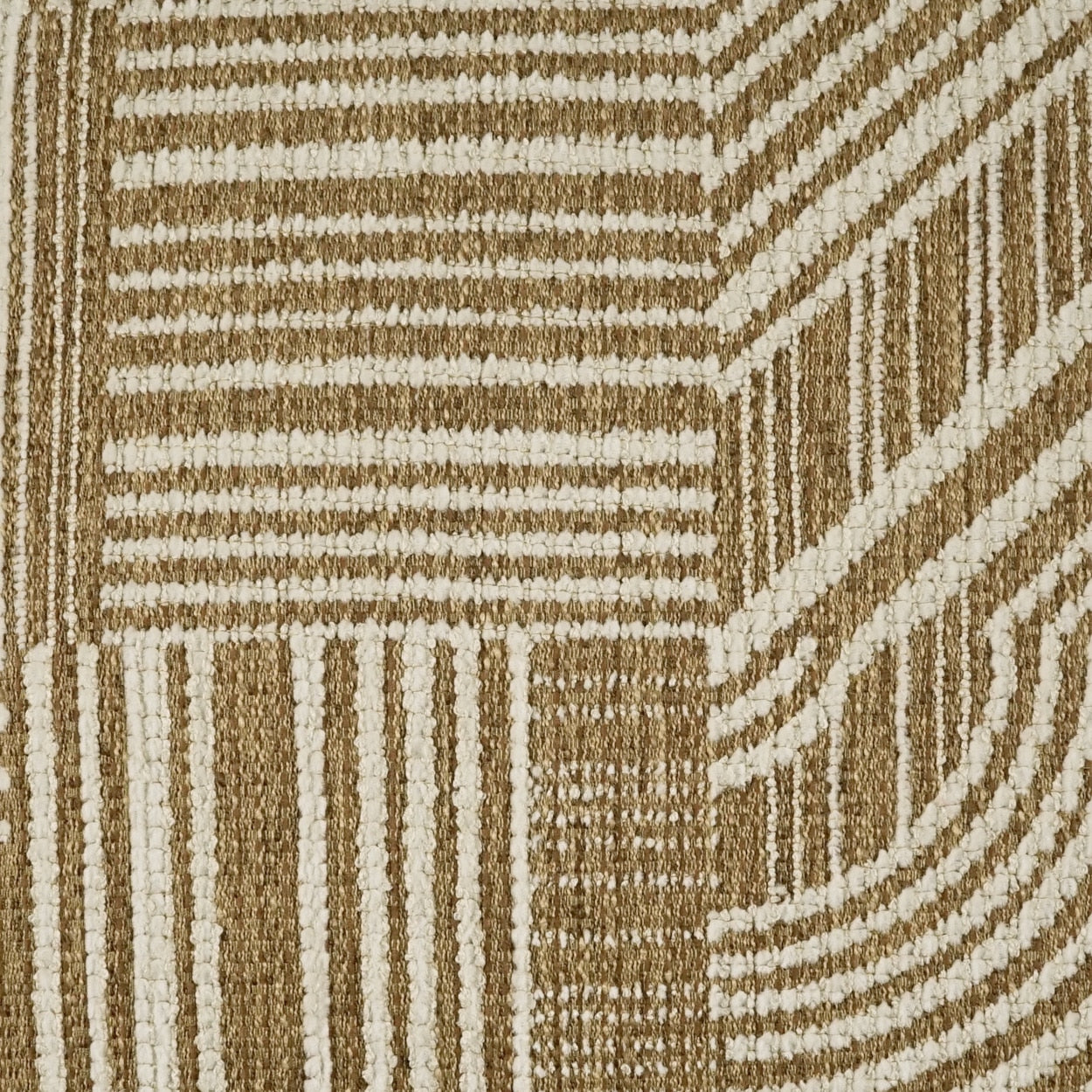 Beige & cream woven textile with geometric blocks & curved lines; textured, modern tribal style.