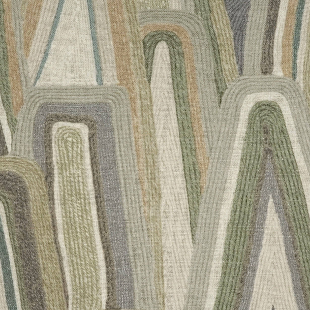 Woven textile with abstract arched loop patterns in muted greens, beiges, and grays.