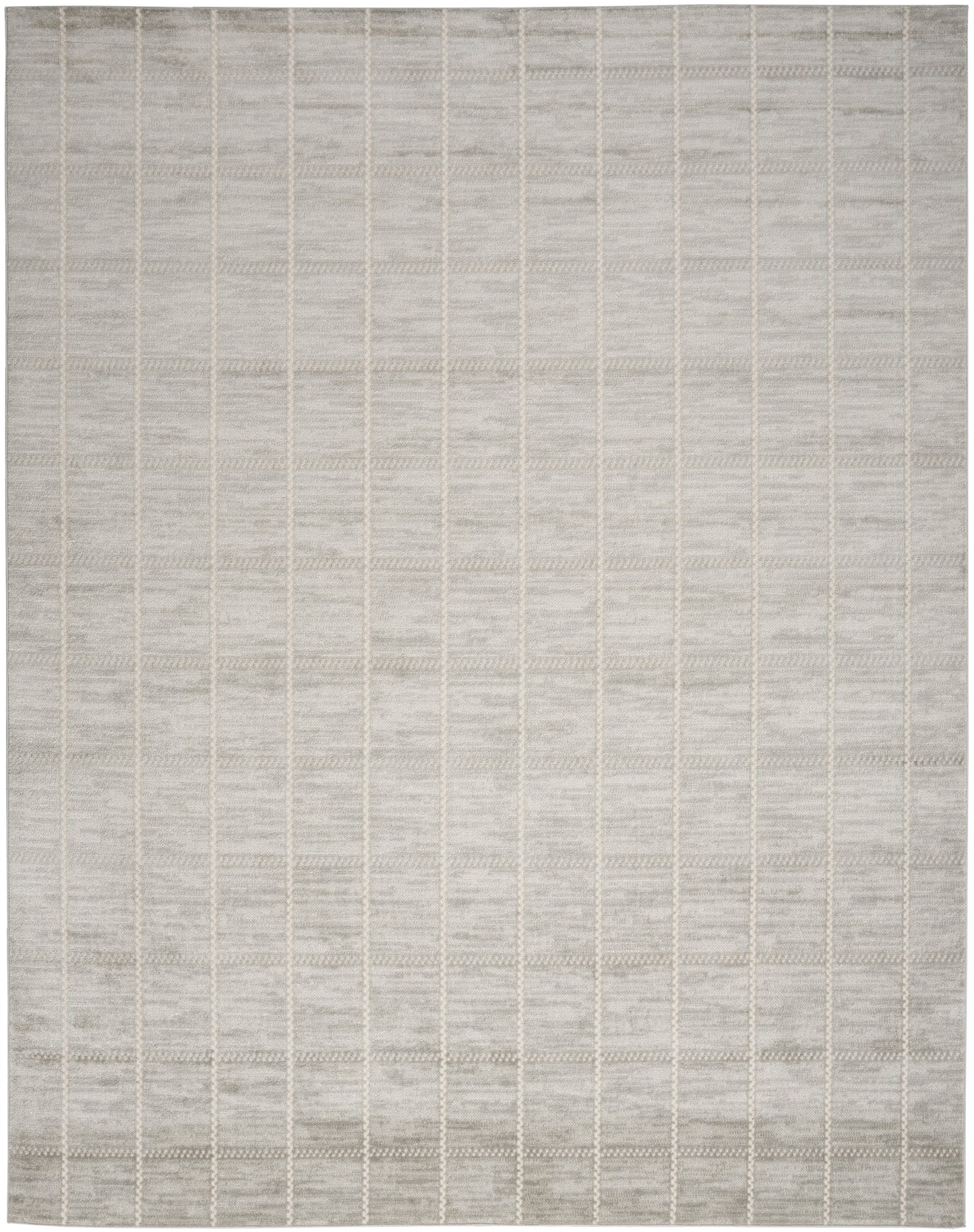 Grey woven area rug with a subtle cream grid pattern; rectangular, modern minimalist style for living spaces.