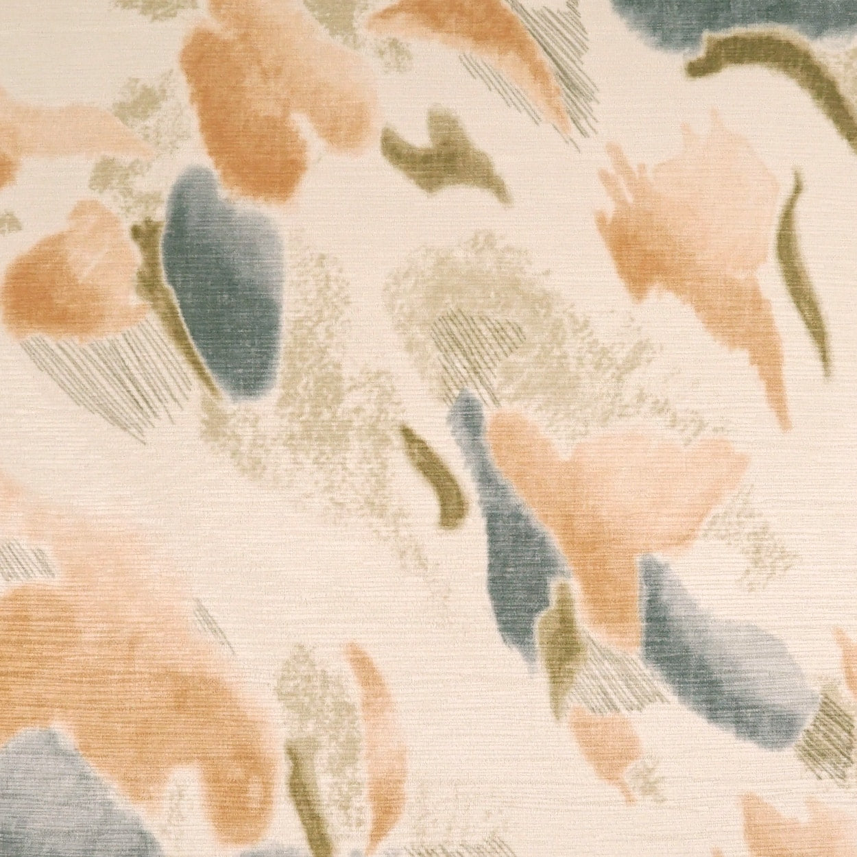 Abstract watercolor fabric pattern in peach, blue and sage green on beige background, soft brushstroke motifs.