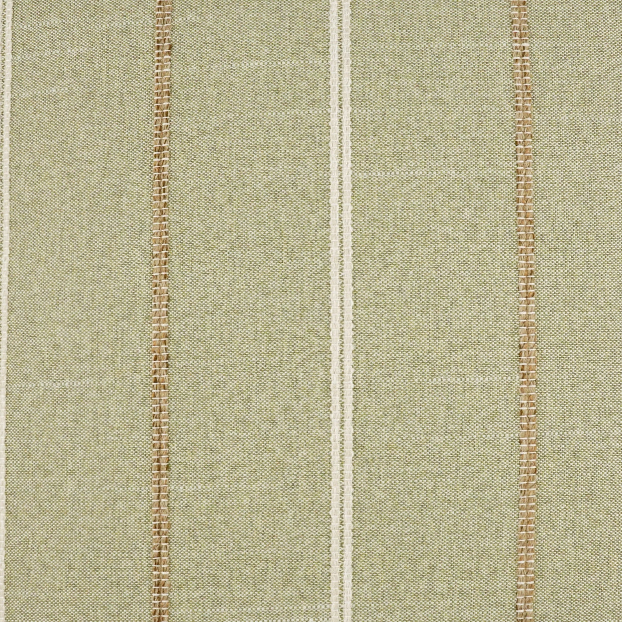 Olive green woven upholstery fabric with vertical white and tan stripes.