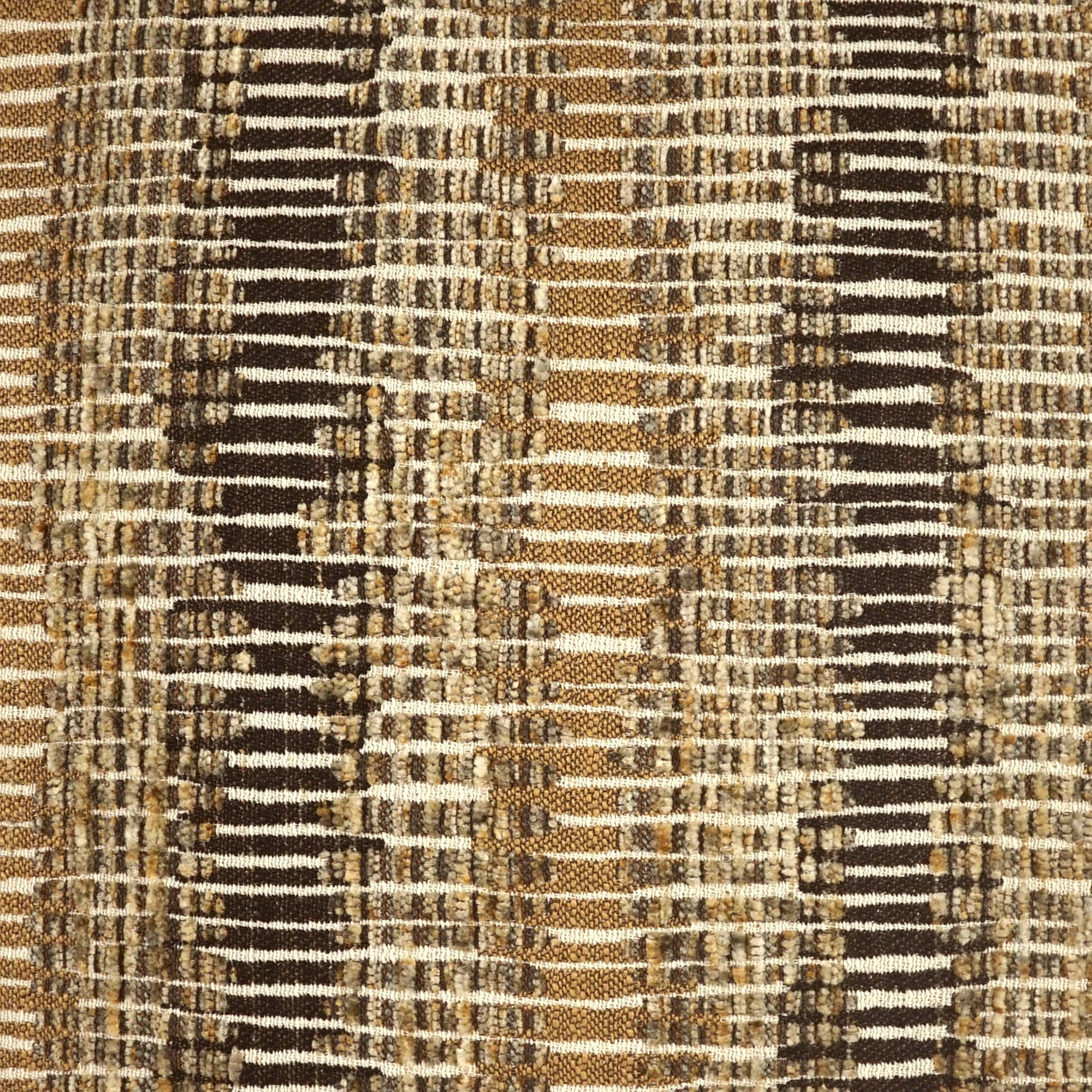 Brown, tan and ivory plaid woven fabric with chunky boucle texture; tweed-style upholstery fabric.