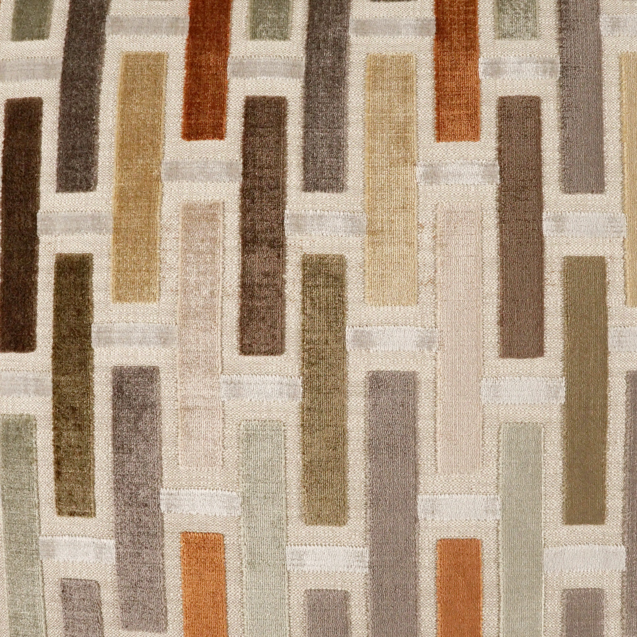 Pillow cover featuring a geometric pattern of vertical rectangular bars in earthy browns, beiges, grays, greens, and orange accents; 24 x 24 inches.