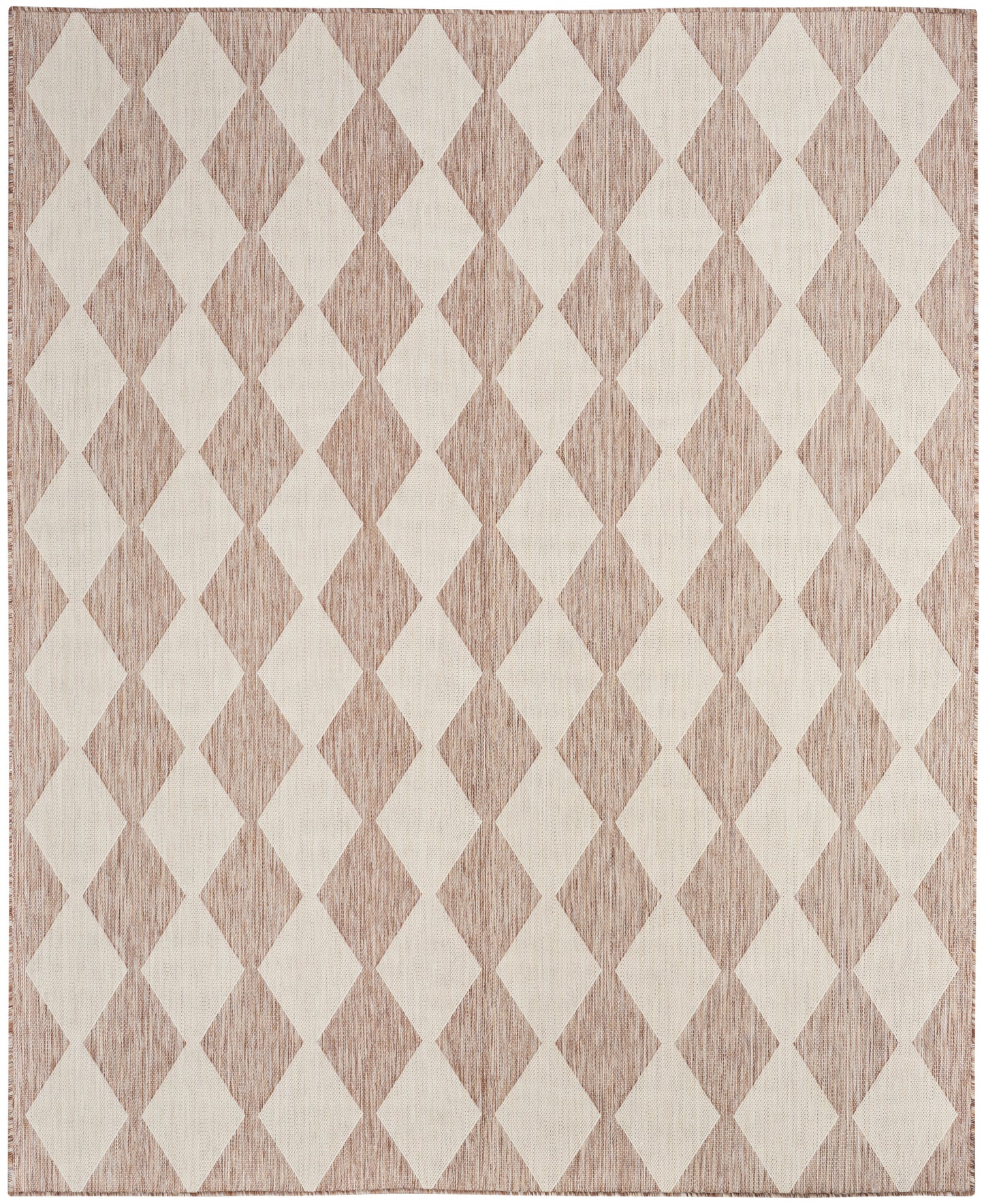Rectangular area rug in beige & taupe diamond pattern with a woven texture; neutral, modern home decor.