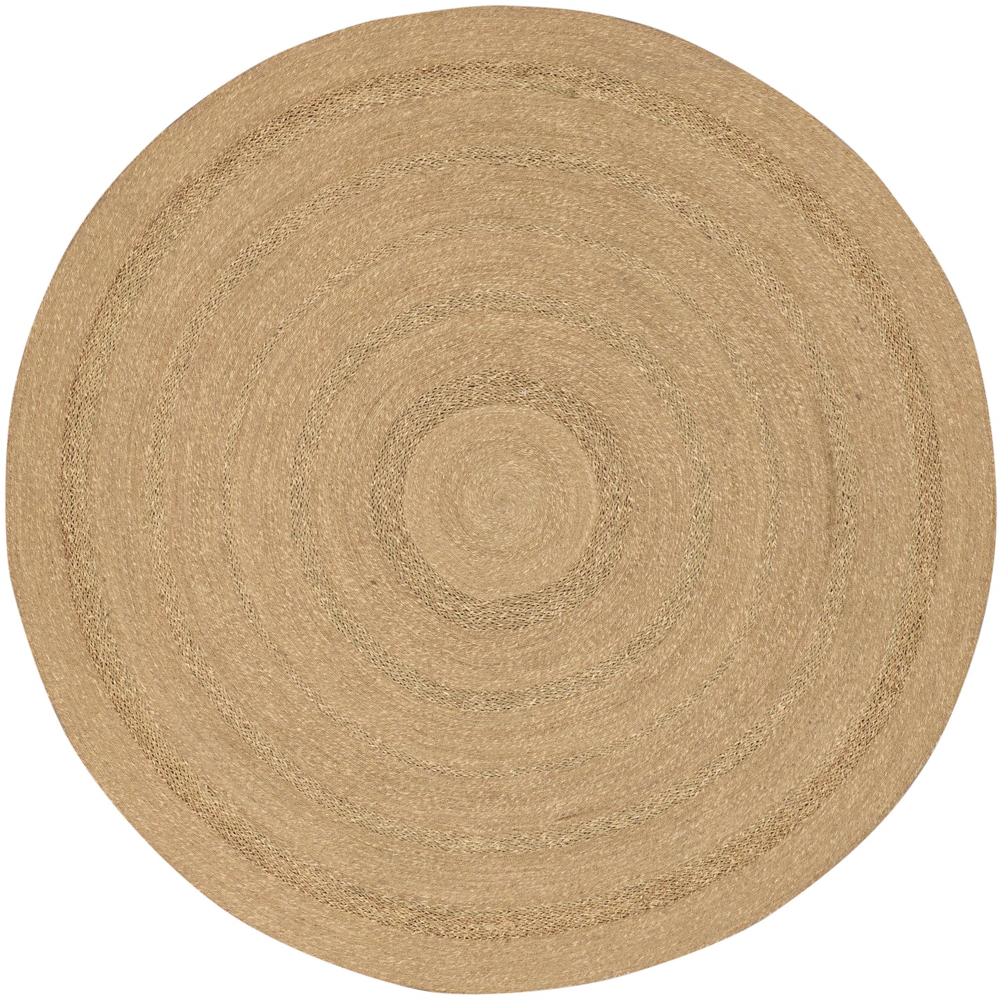 Natural beige round jute outdoor rug with braided concentric rings, rustic coastal style, 8' diameter.
