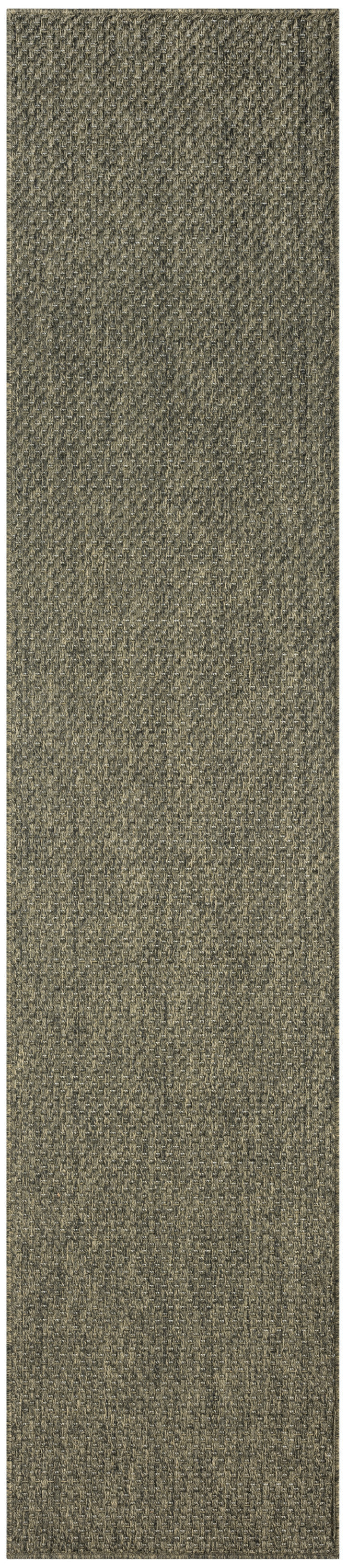 Olive-brown tweed woven outdoor rug runner with a tight textured weave.
