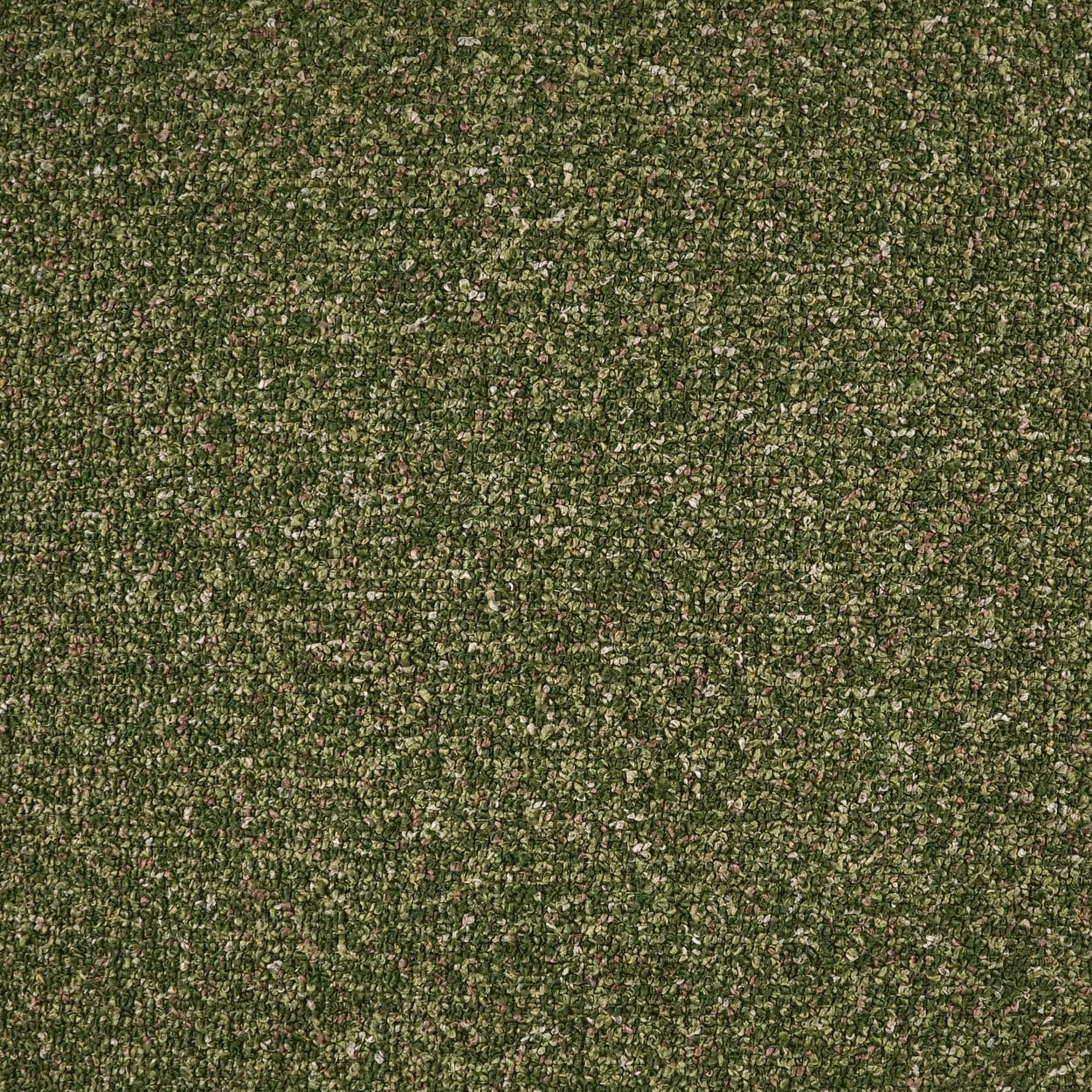Olive-green speckled fabric close-up with textured, tweed-like surface.
