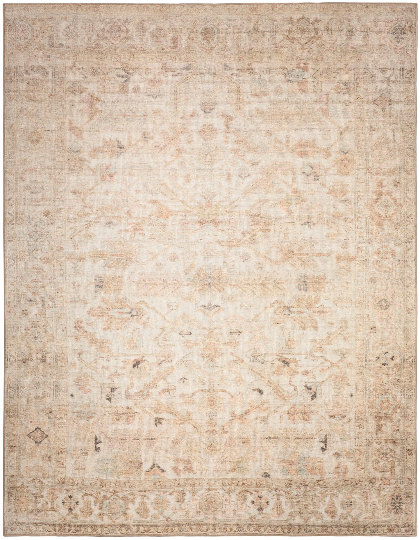 Ivory distressed Persian-style rug with faded floral medallion, beige-taupe tones, rectangular floor decor.