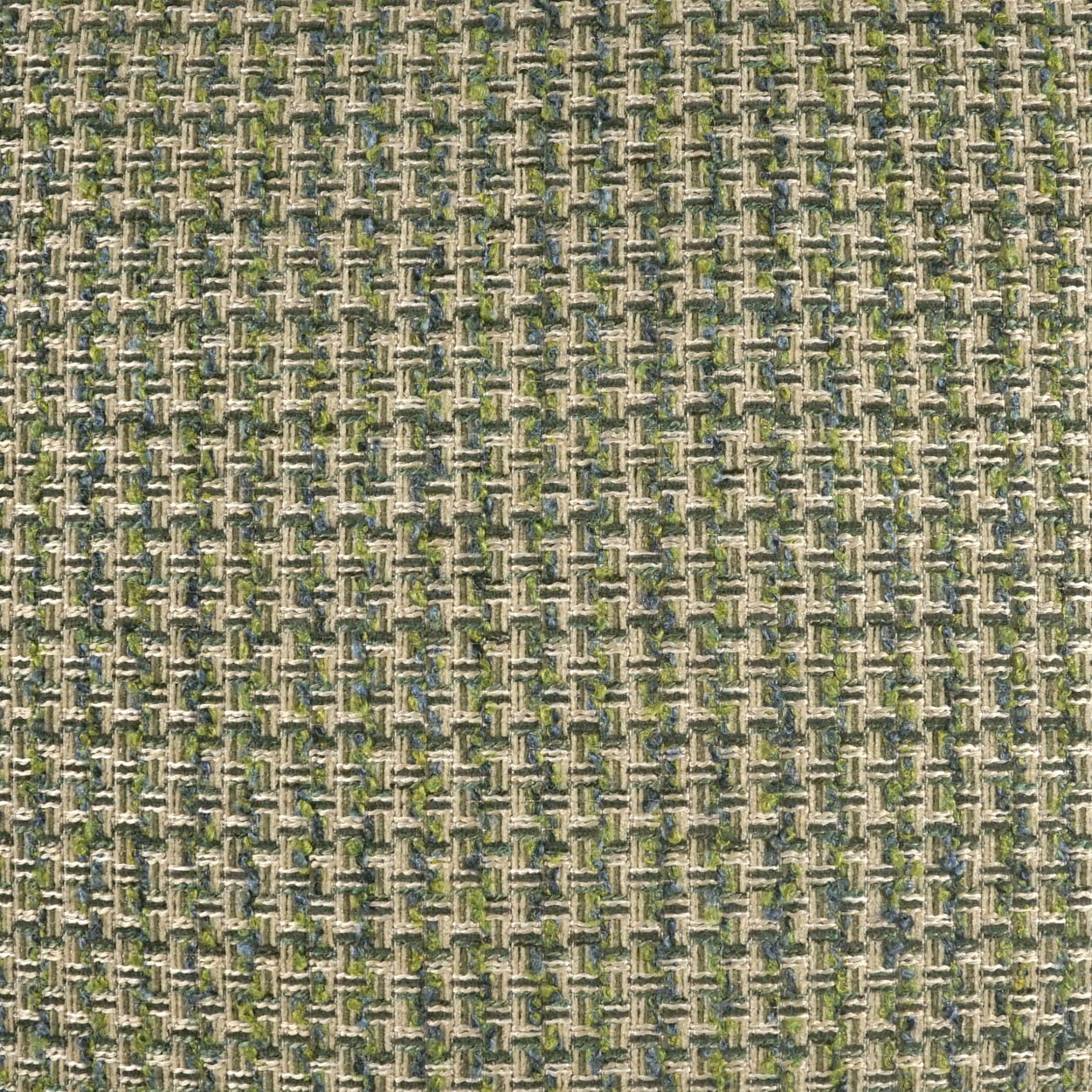 Olive green and beige woven fabric with blue flecks in a tight crosshatch basketweave, upholstery textile.