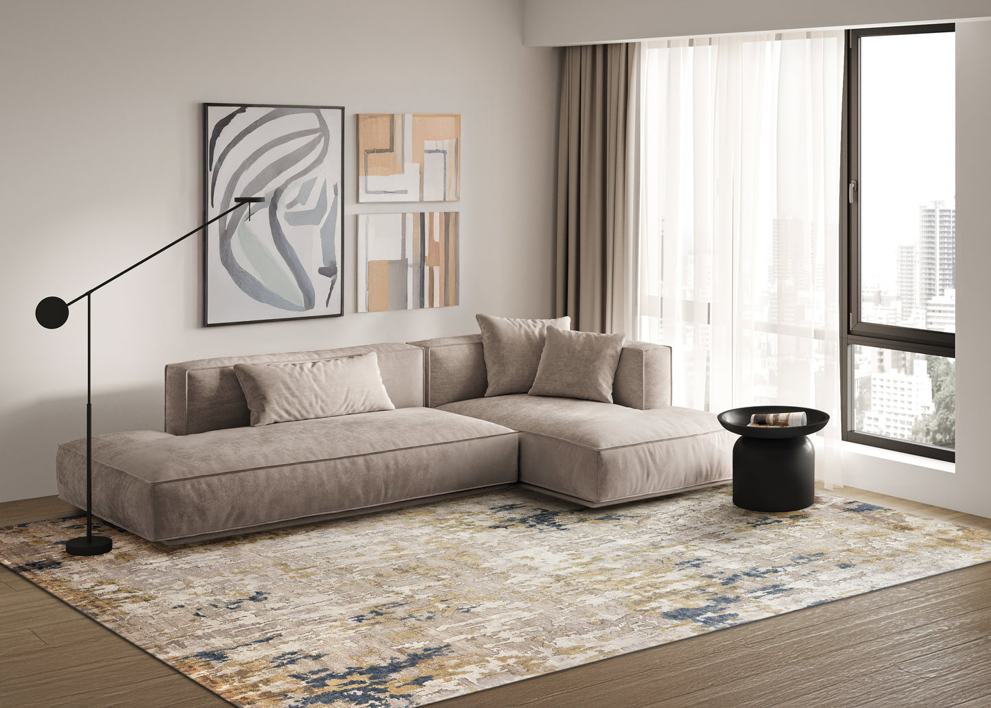 Beige indoor hand-knotted rug with a beige-blue abstract pattern; arc floor lamp, round black side table, and city-view windows in the scene.