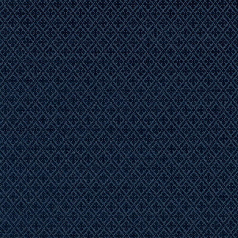Navy blue chenille fabric with a subtle light-blue diamond lattice pattern.