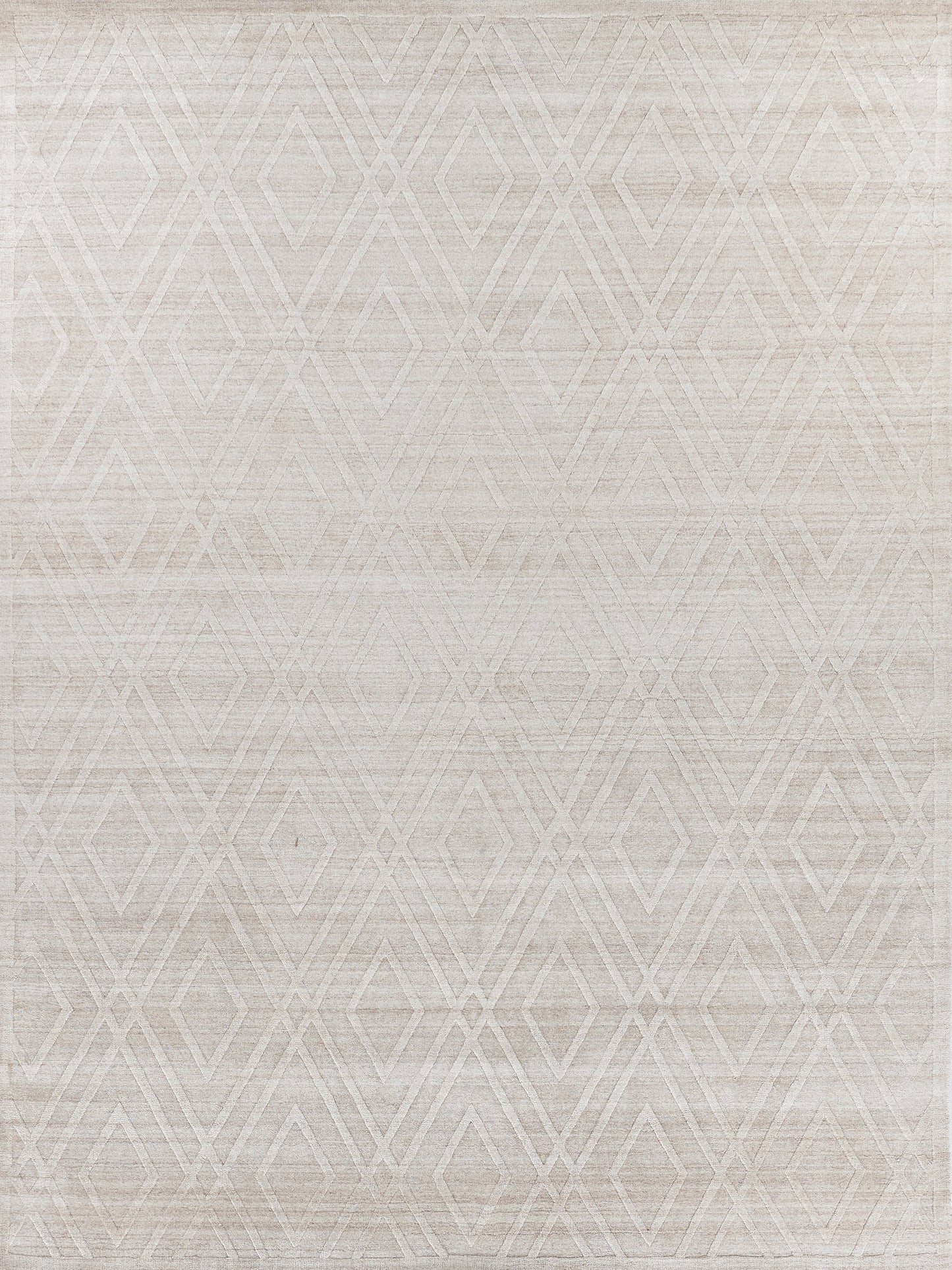 Neutral-toned area rug with a geometric diamond pattern, featuring a soft texture and subtle sheen for an elegant touch.