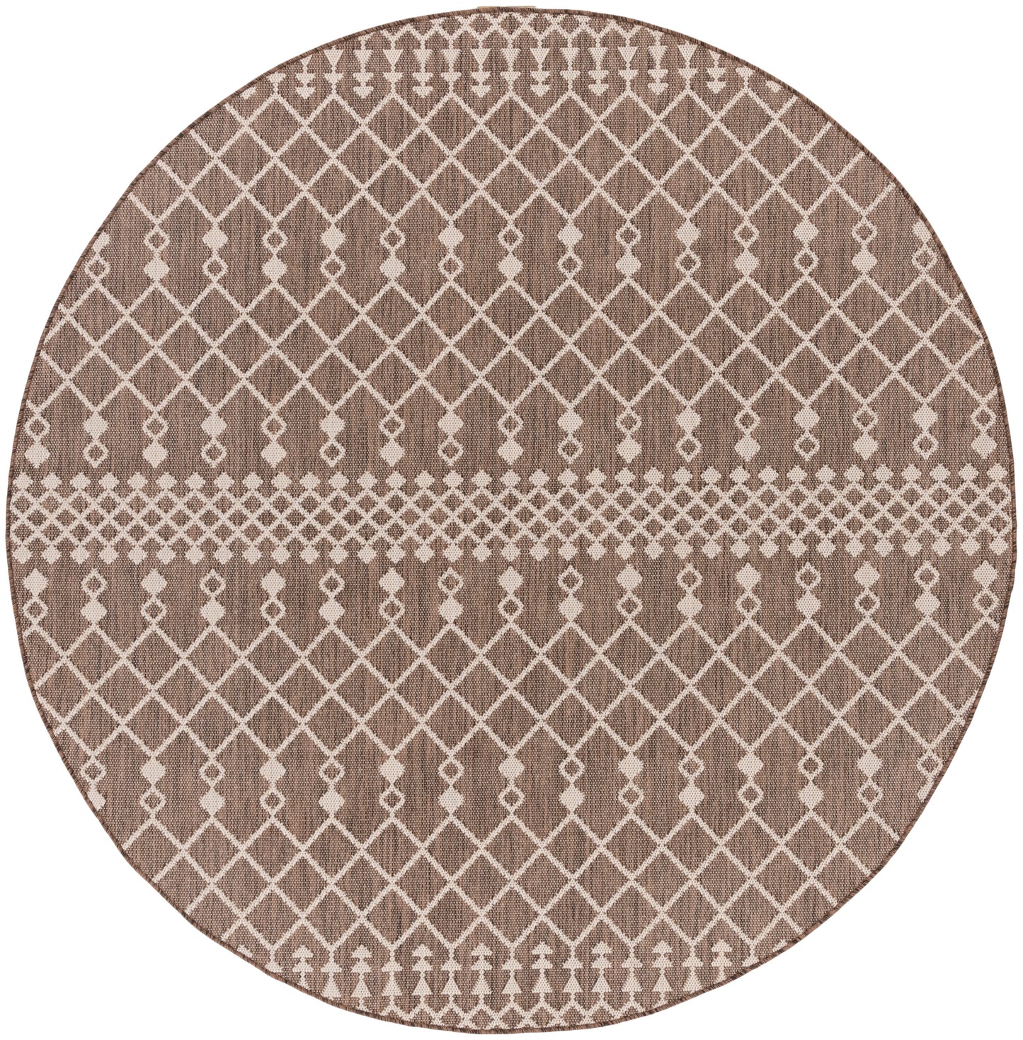 Round taupe rug with cream lattice diamond pattern and a central band, woven texture for living spaces.