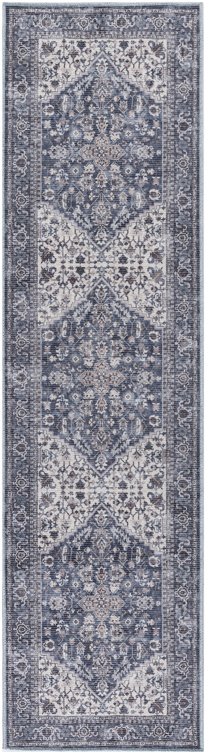 Navy blue and ivory oriental runner rug with repeating medallion motifs and ornate floral border.