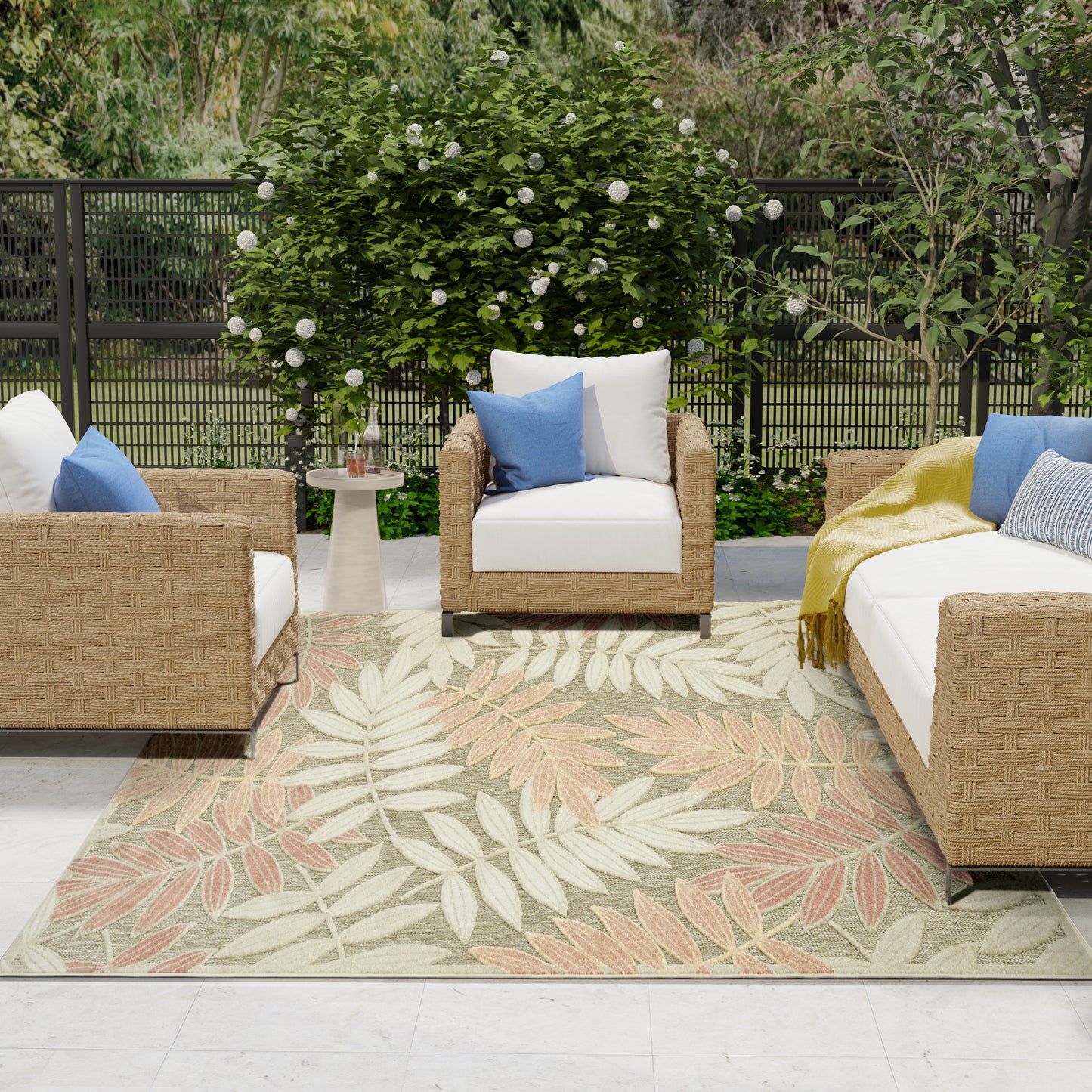 Modern rug with tropical leaf pattern, 8' x 11'.