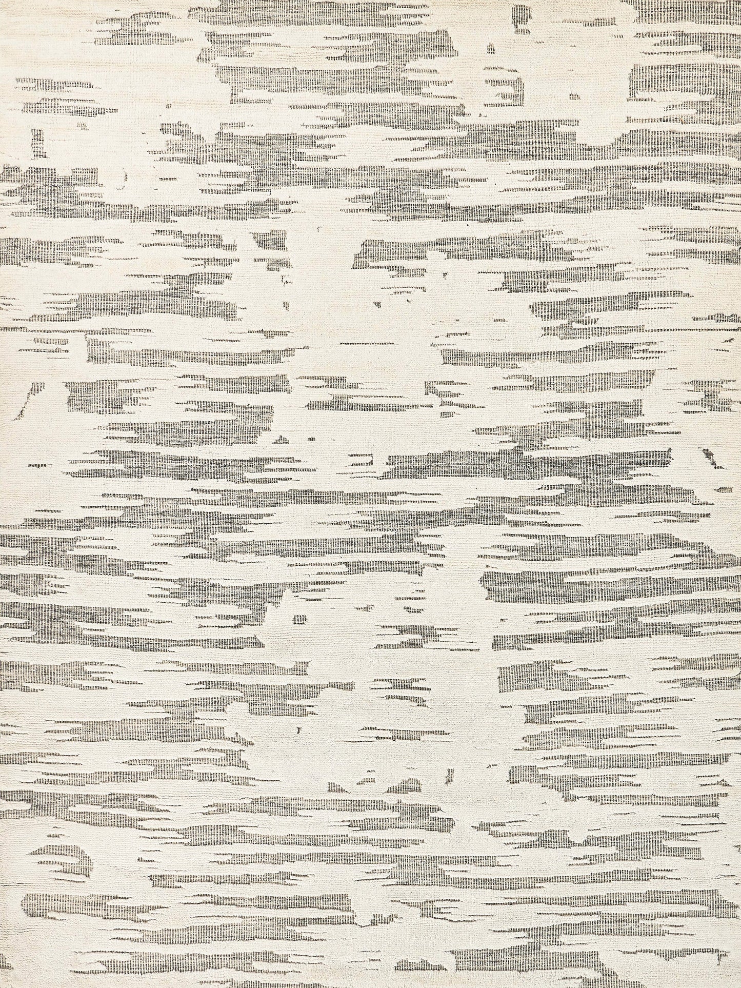 Beige linen-like rug texture with irregular light gray horizontal brush strokes; neutral pattern.
