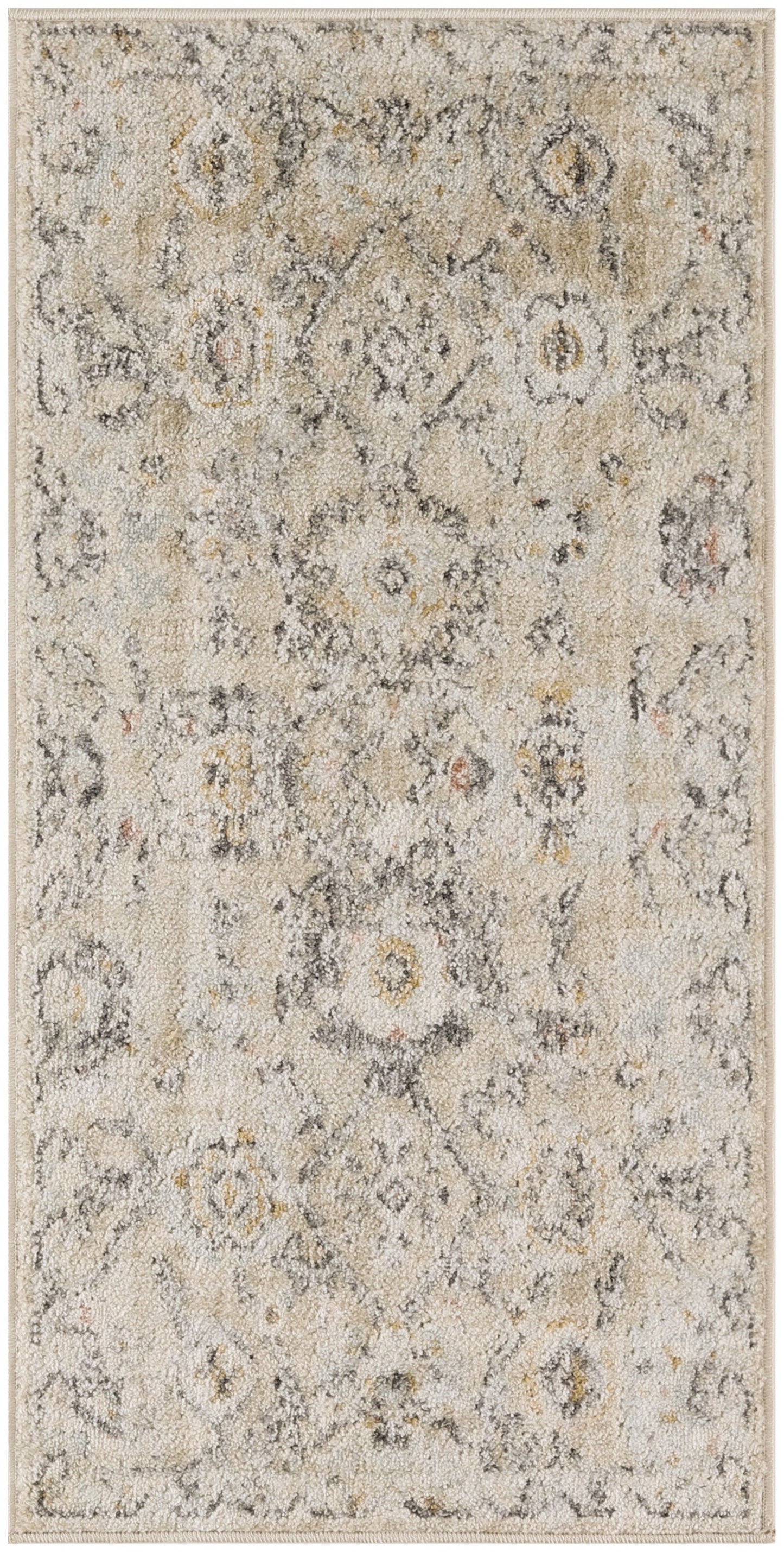 Rectangular beige distressed area rug with vintage gray/ivory floral medallion pattern & subtle yellow accents.