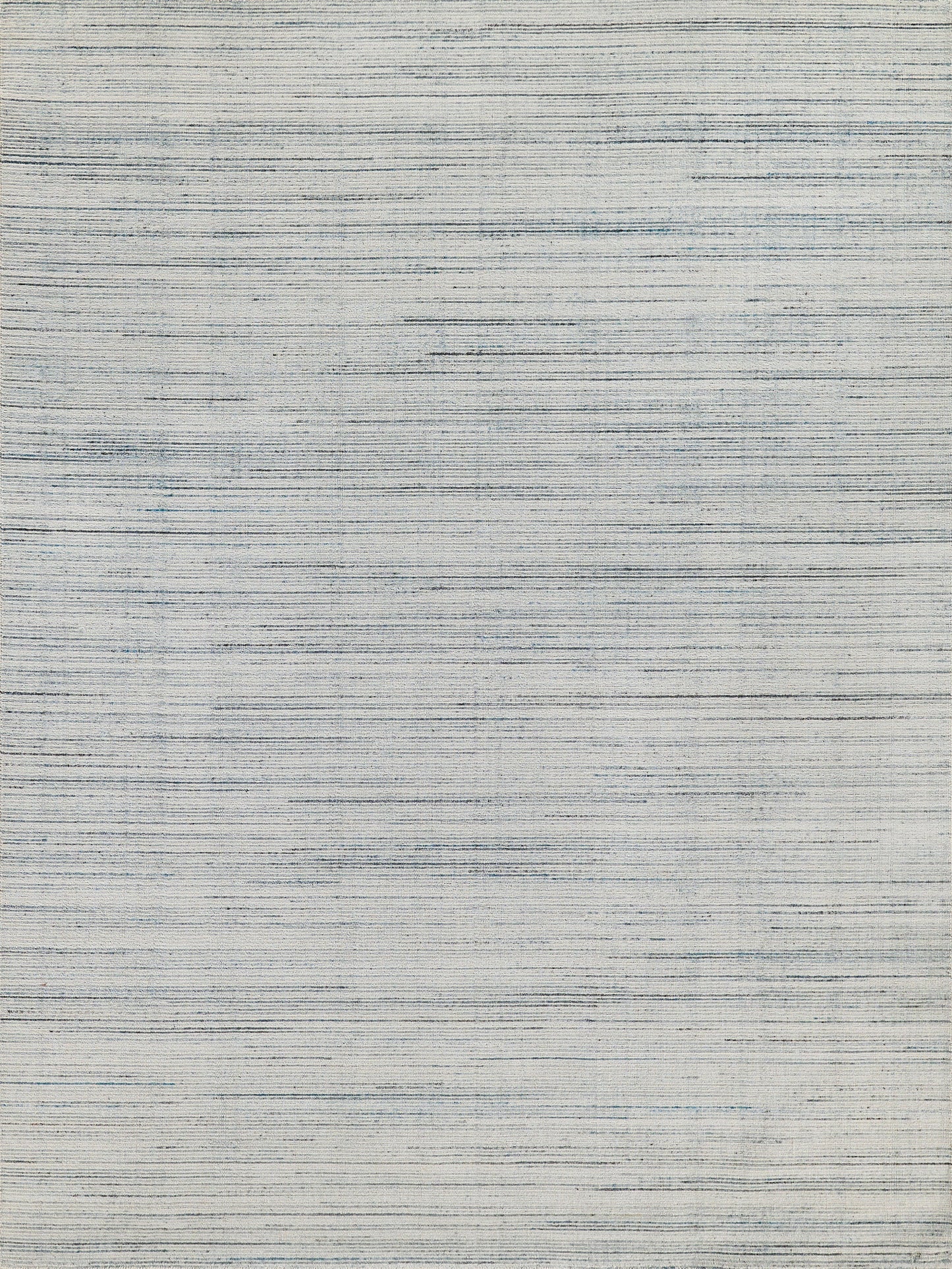 Light gray-beige woven rug with subtle blue horizontal stripes; soft, textured fabric.