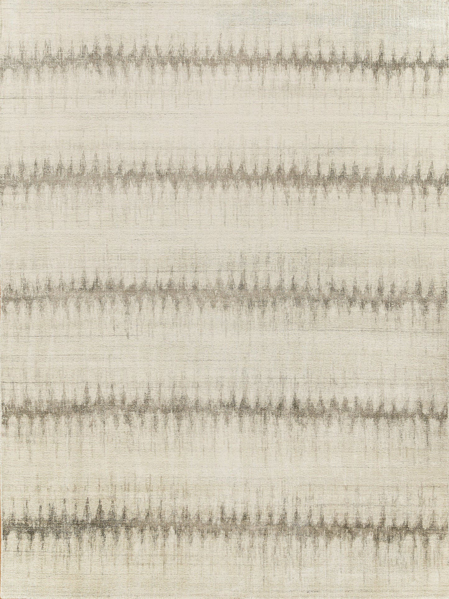 Textured area rug in cream and taupe hues, featuring abstract wave patterns across a soft, neutral background.