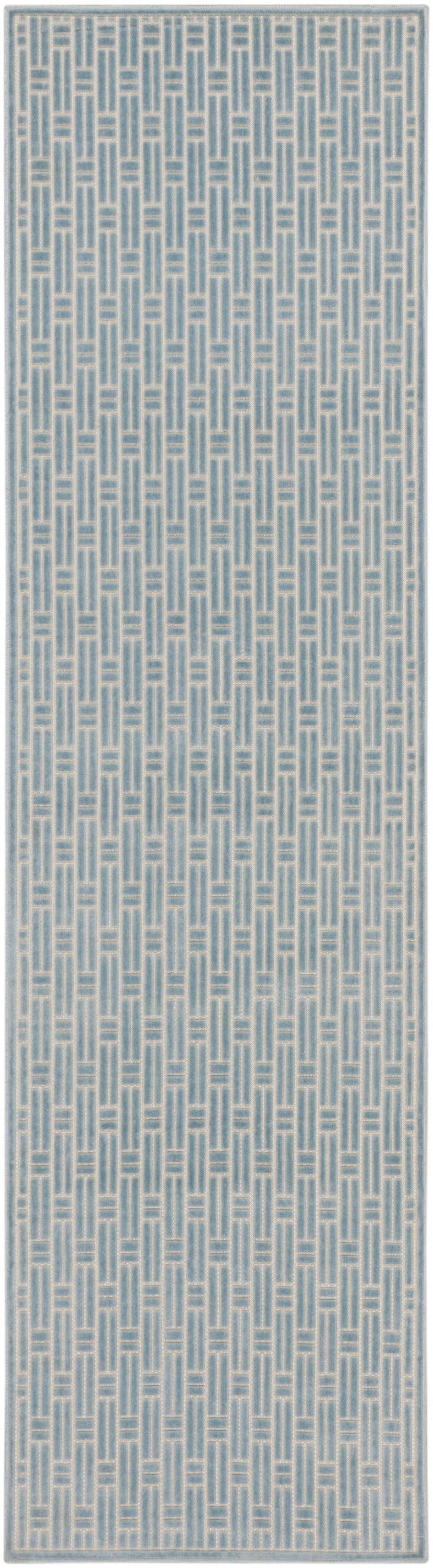 Blue-gray geometric lattice runner rug with interlocking vertical motifs; woven textile style.