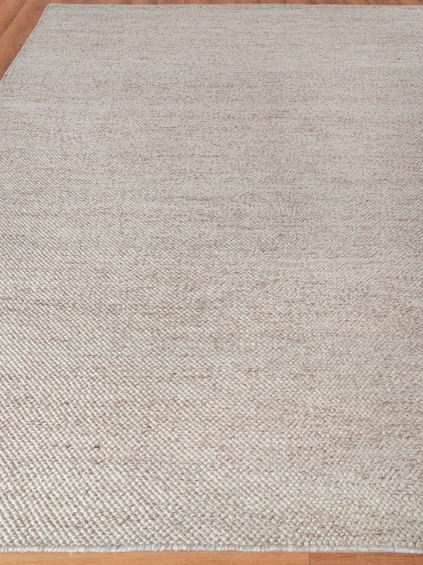 Beige woven area rug with natural fibers on a wooden floor, rectangular and neutral.