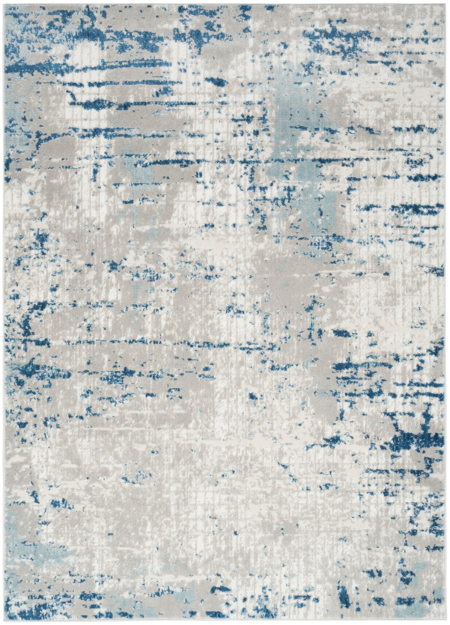 Abstract distressed area rug with cream base and blue brushstroke accents for modern decor.