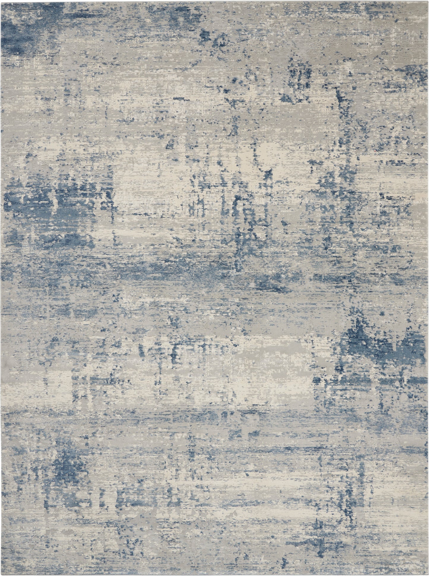 Rectangular area rug in blue and cream with a distressed abstract pattern; modern, versatile for living spaces.