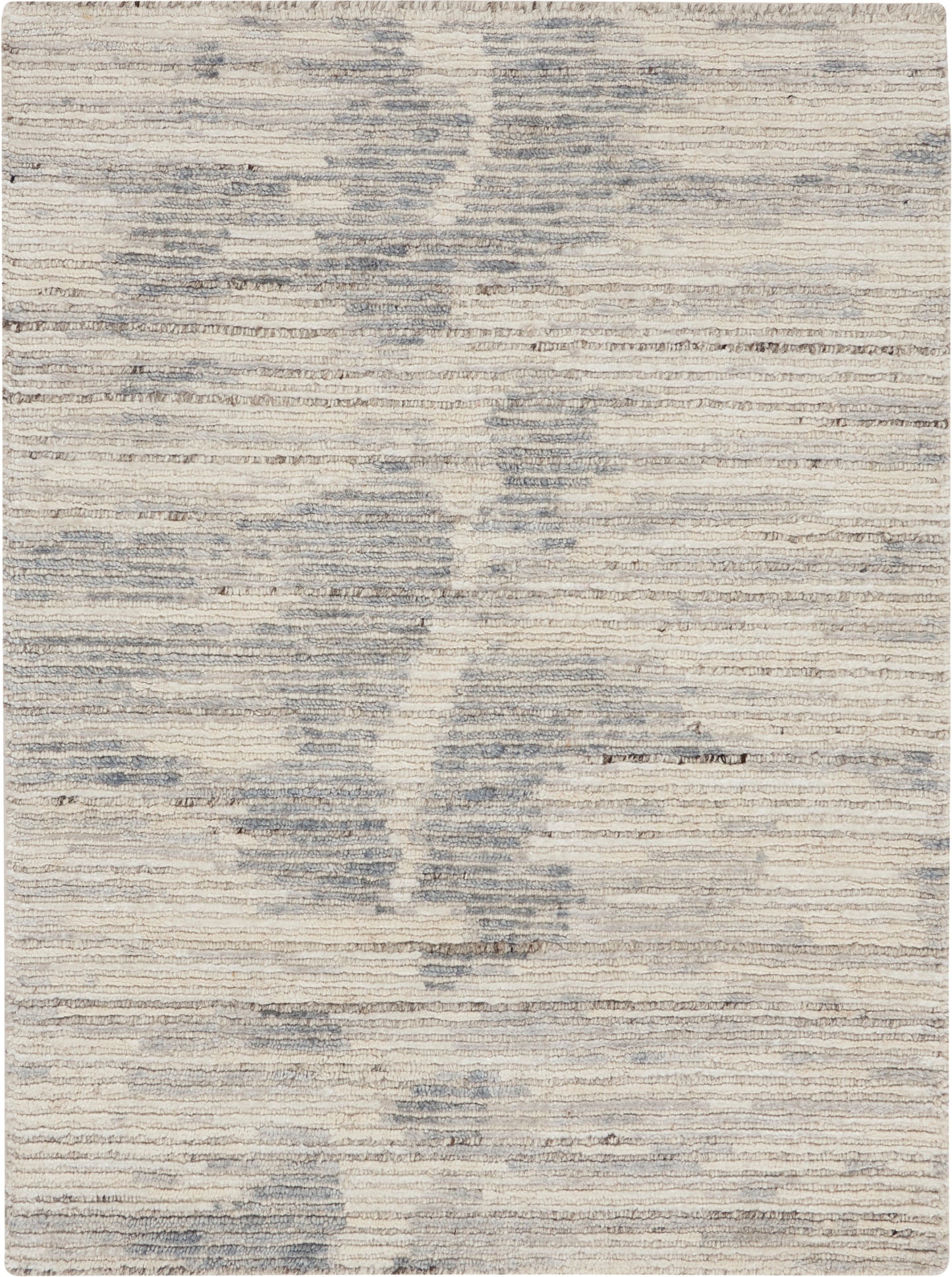 Beige and blue-gray abstract rug with subtle horizontal texture and cloud-like patches.