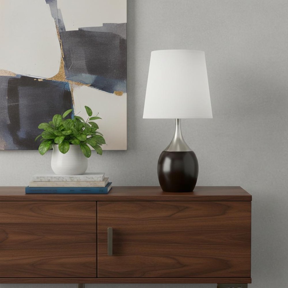 25" Black and Silver Gourd Table Lamp With White Tapered Drum Shade