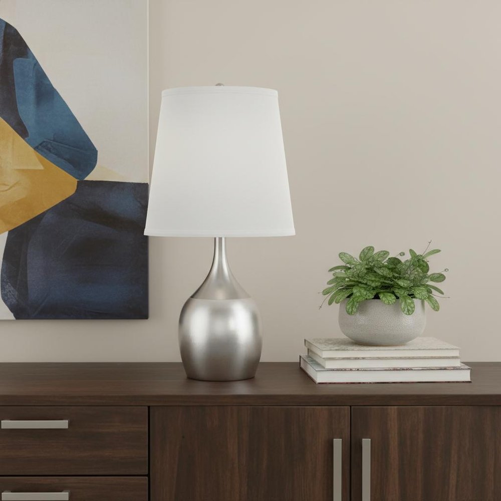25" Silver Metal Gourd Table Lamp With White Tapered Drum Shade