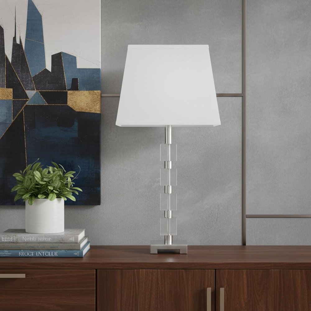25" Crystal Geo Cubed Table Lamp With White Sharp Corner Square Tapered Shade